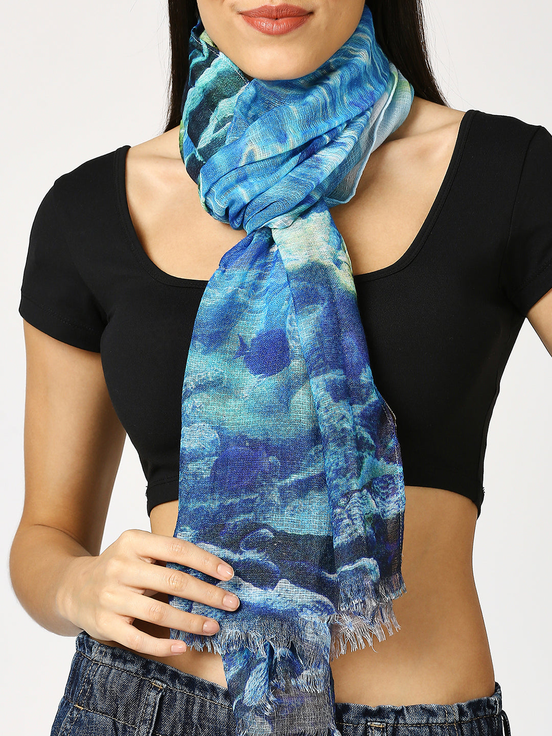 Ocean Blue Fish Printed Polyester Scarf