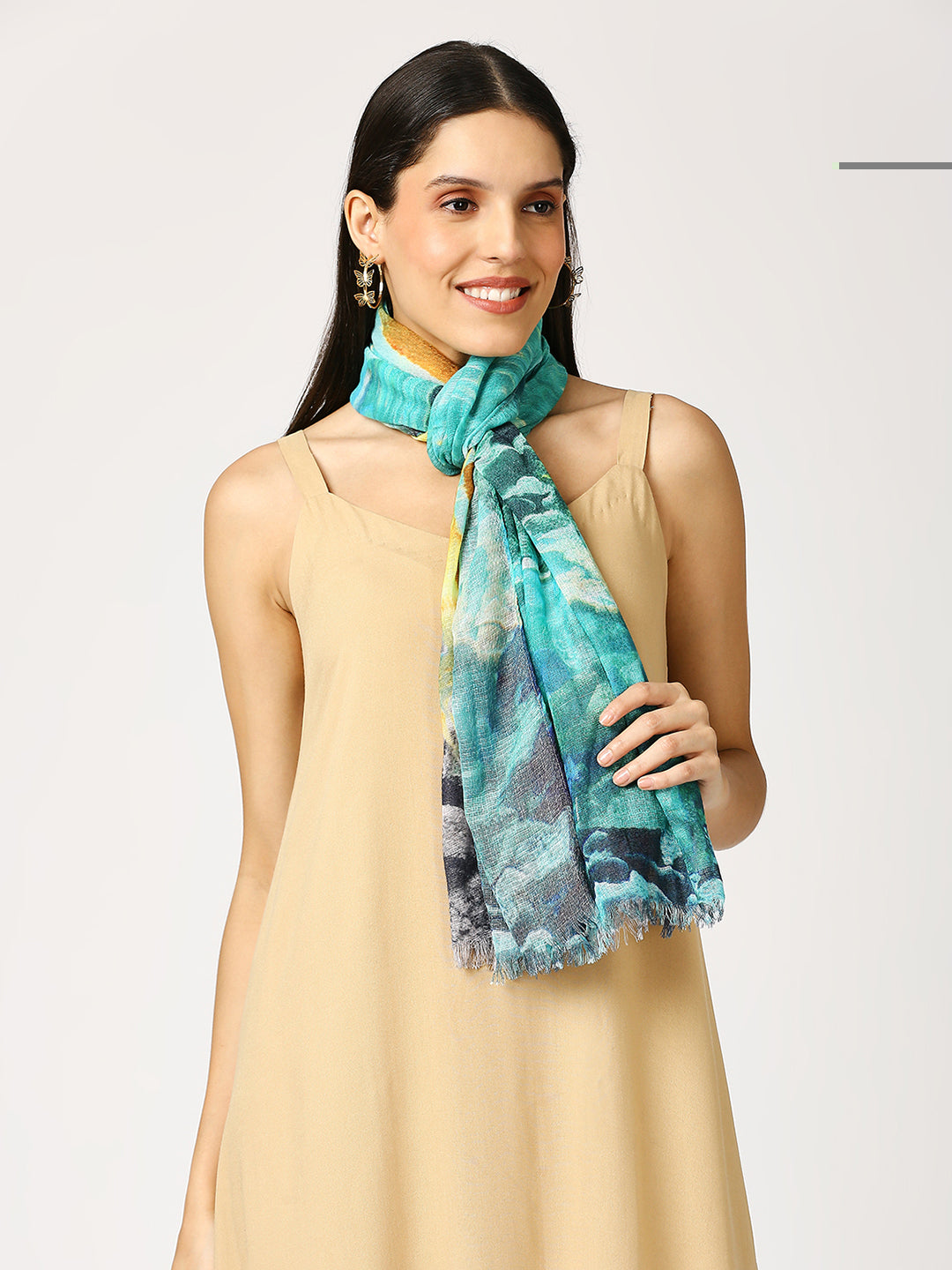 Ocean Green Fish Printed Polyester Scarf