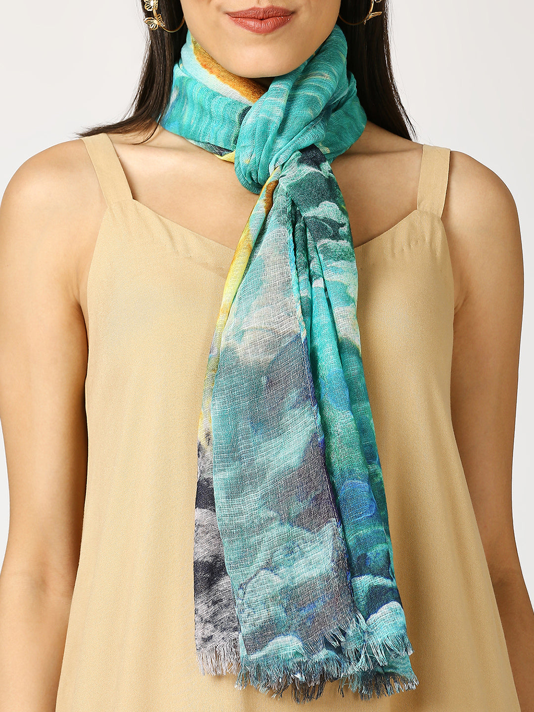 Ocean Green Fish Printed Polyester Scarf