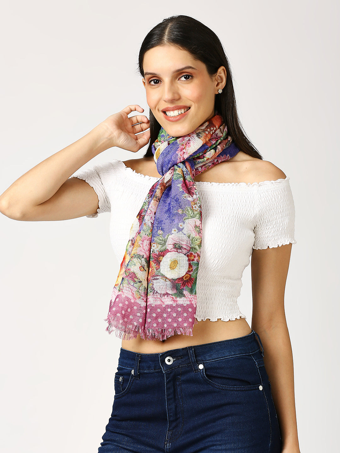 Purple Floral Deer Printed Polyester Scarf