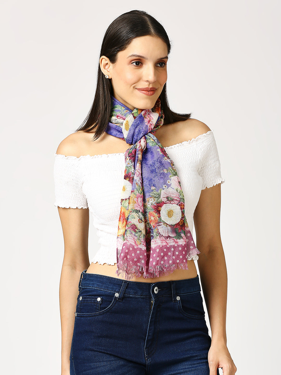 Purple Floral Deer Printed Polyester Scarf