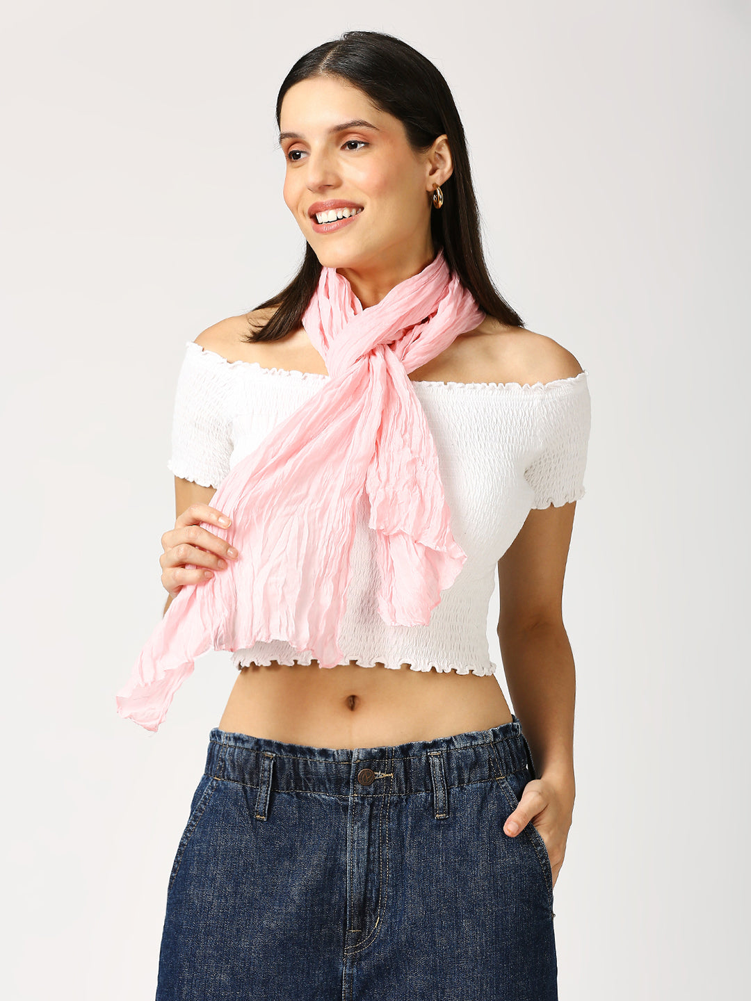 Baby Pink Solid Crinkled Scarf