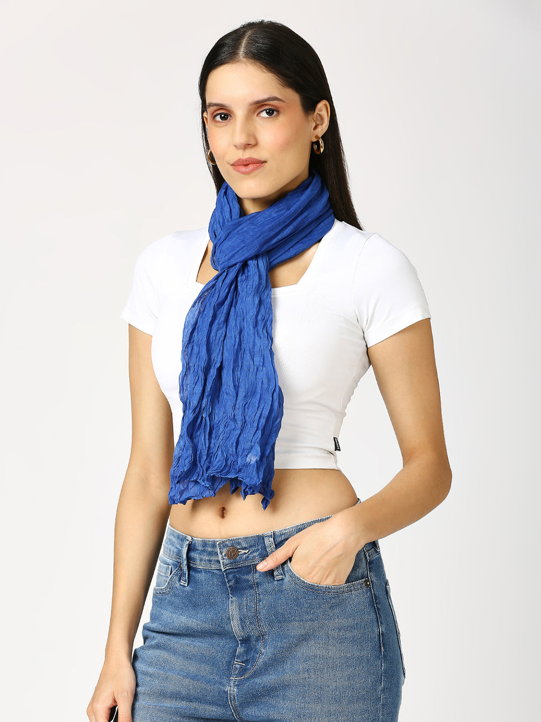 Blue Solid Colored Crinkled Scarf