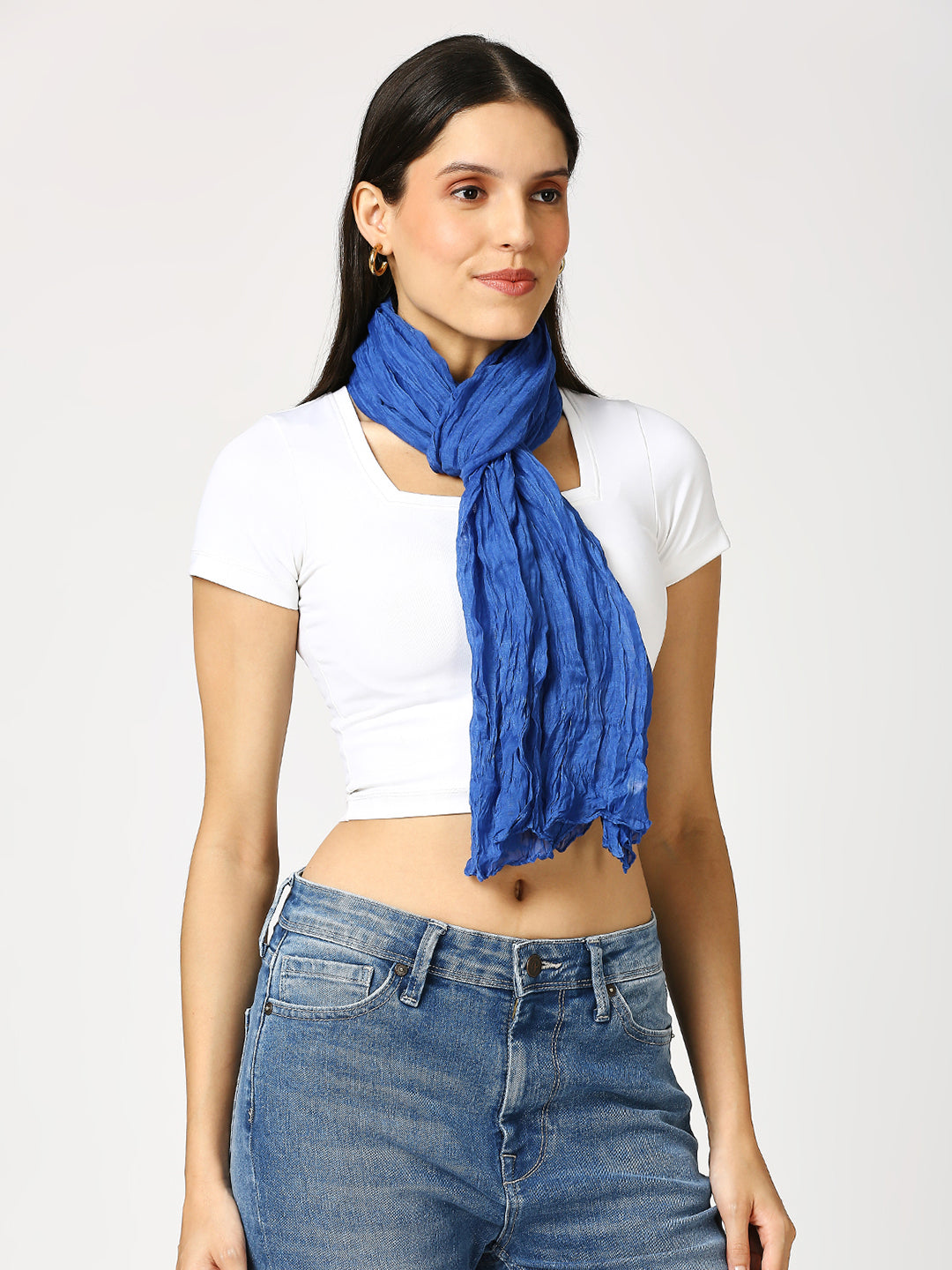 Blue Solid Colored Crinkled Scarf