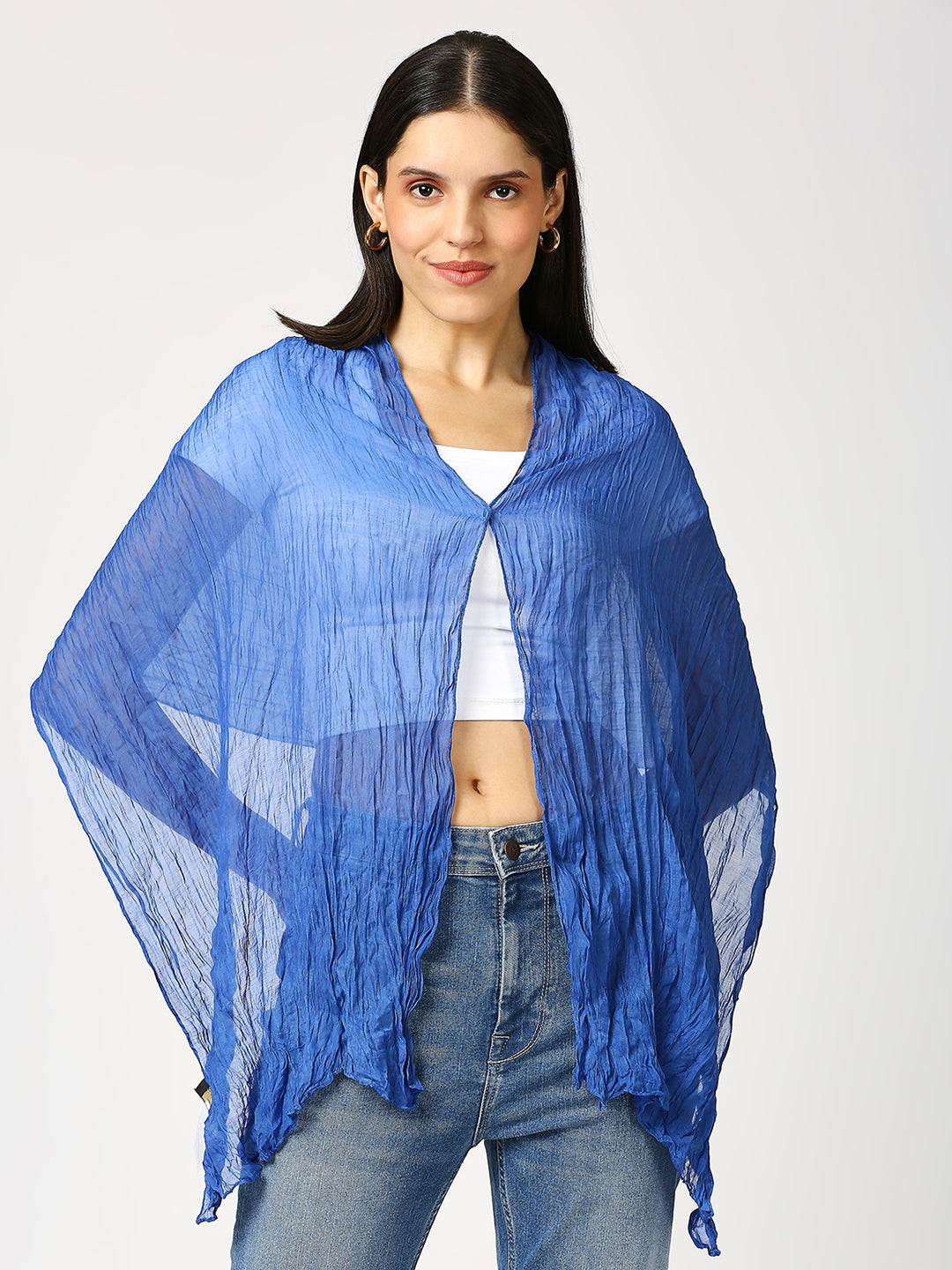 Blue Solid Colored Crinkled Scarf