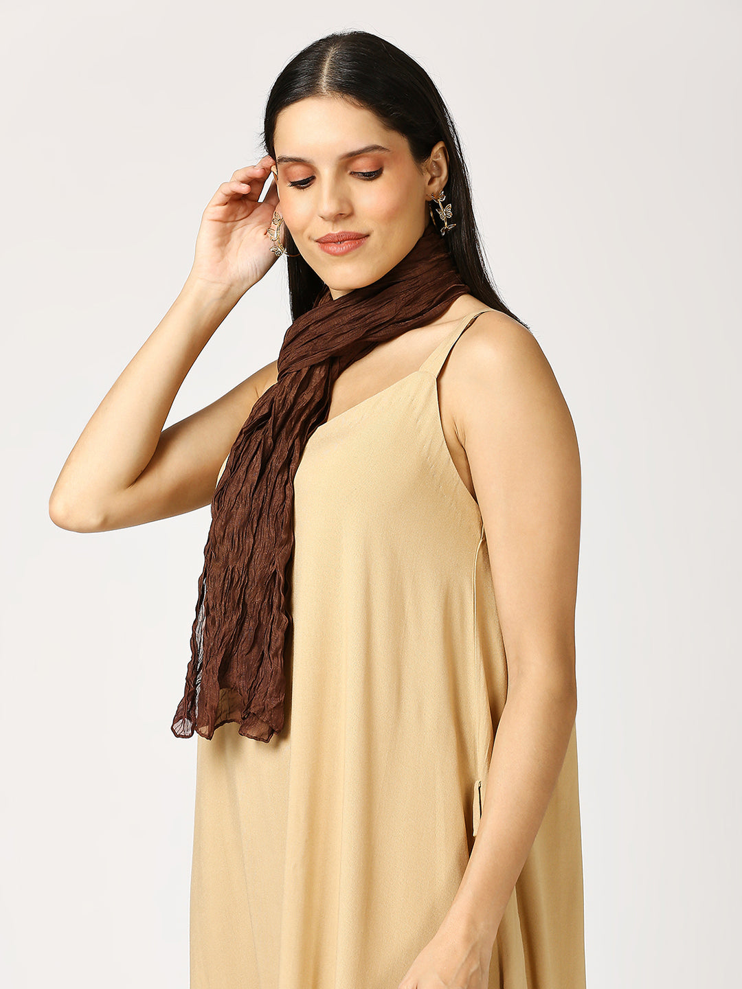 Brown Solid Colored Crinkled Scarf