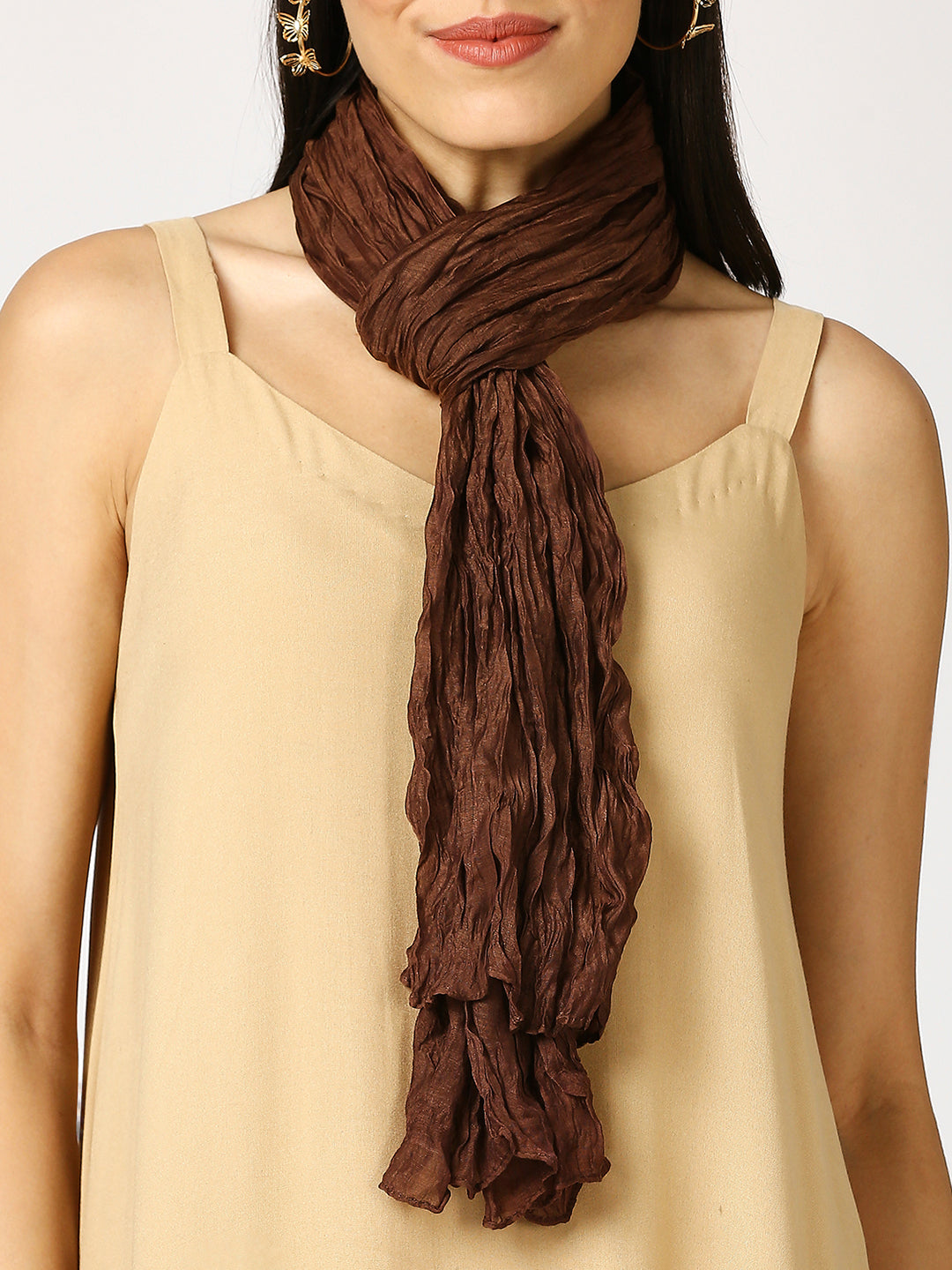 Brown Solid Colored Crinkled Scarf