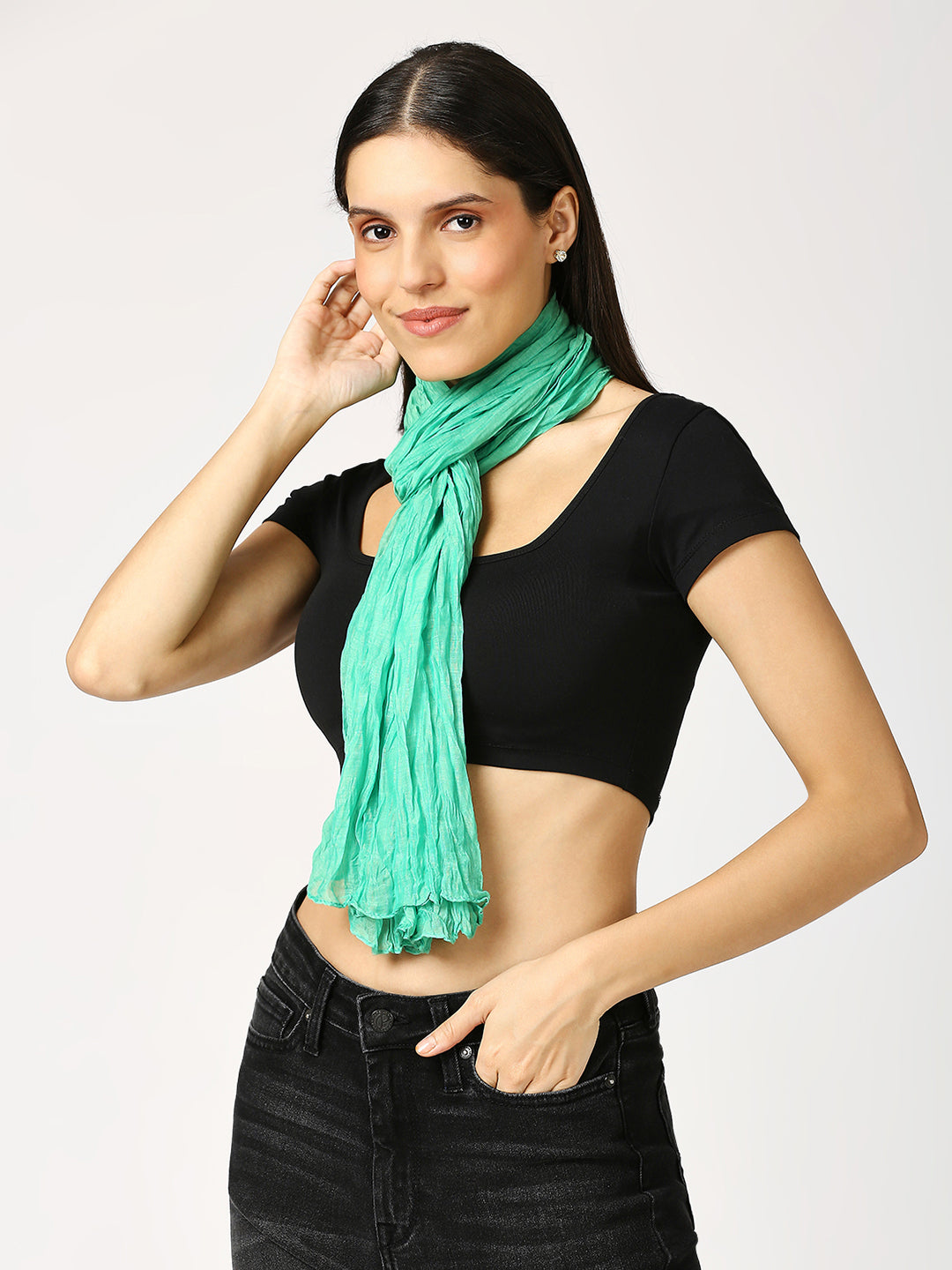 Green Solid Colored Crinkled Scarf