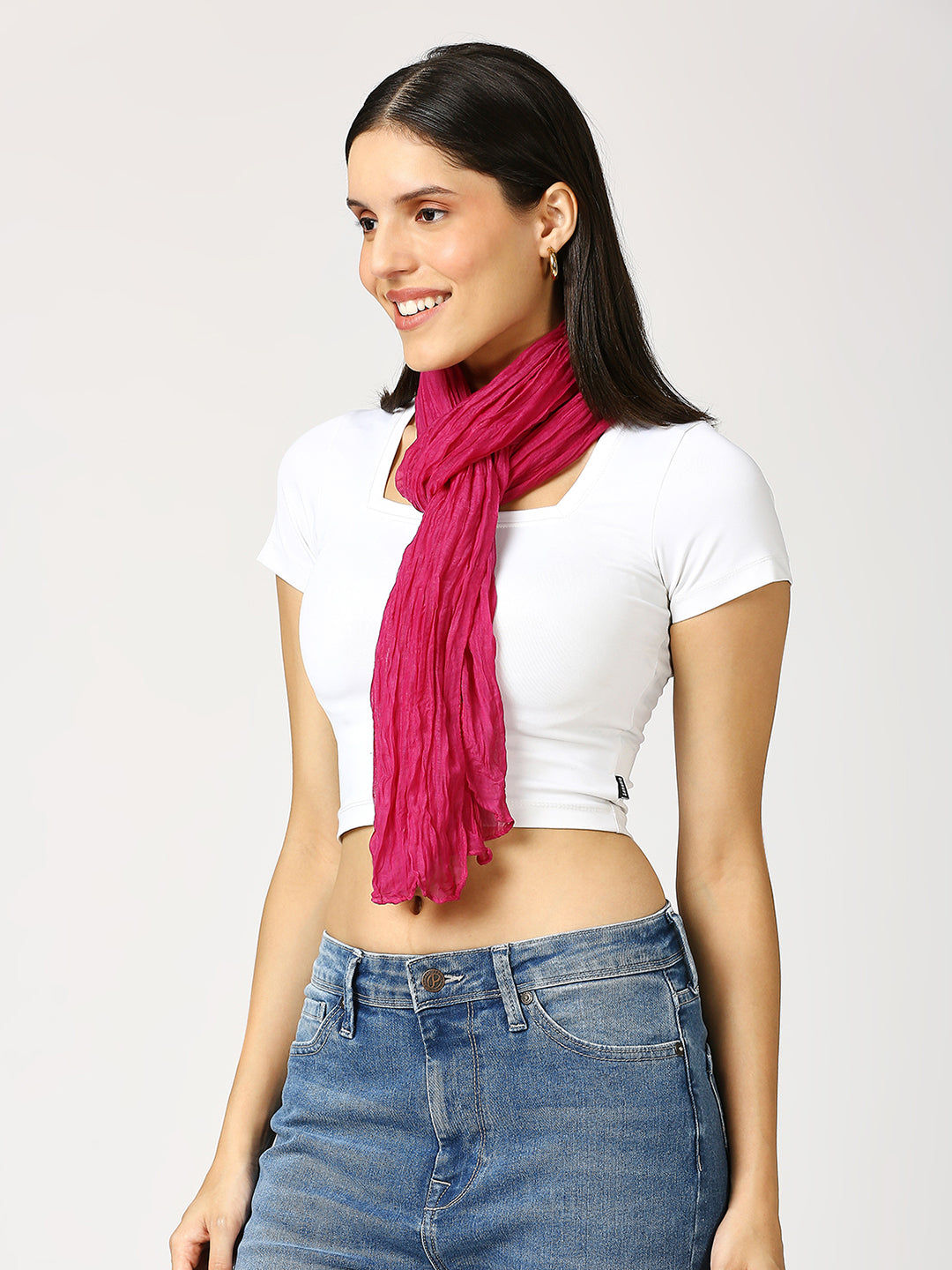 Magenta Solid Colored Crinkled Scarf