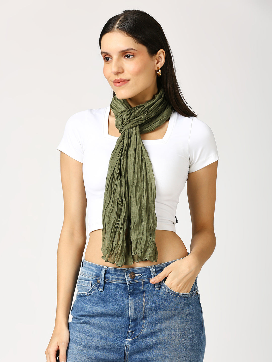 Olive Solid Colored Crinkled Scarf