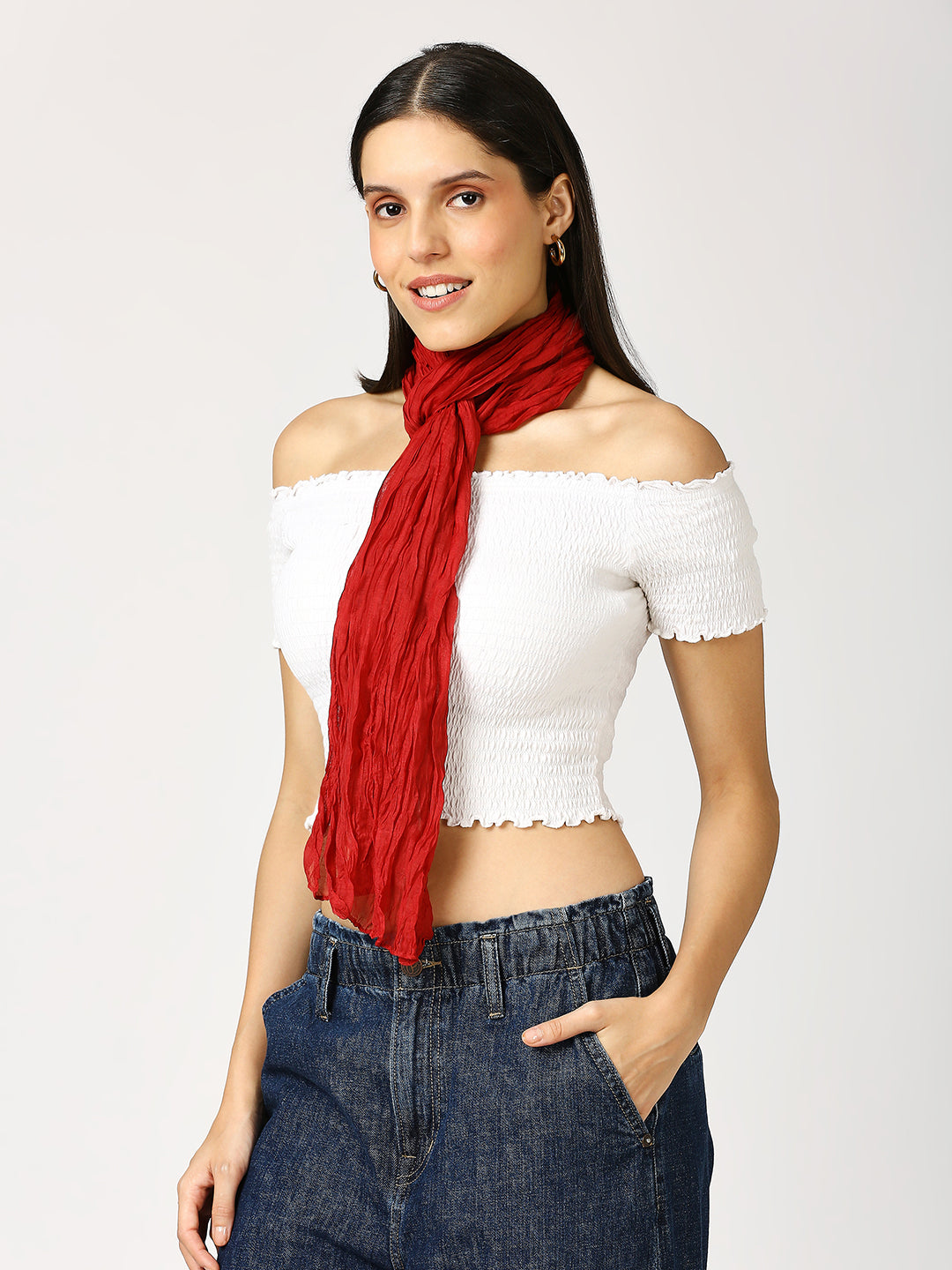 Red Solid Colored Crinkled Scarf