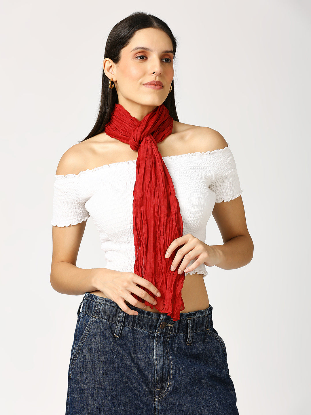 Red Solid Colored Crinkled Scarf