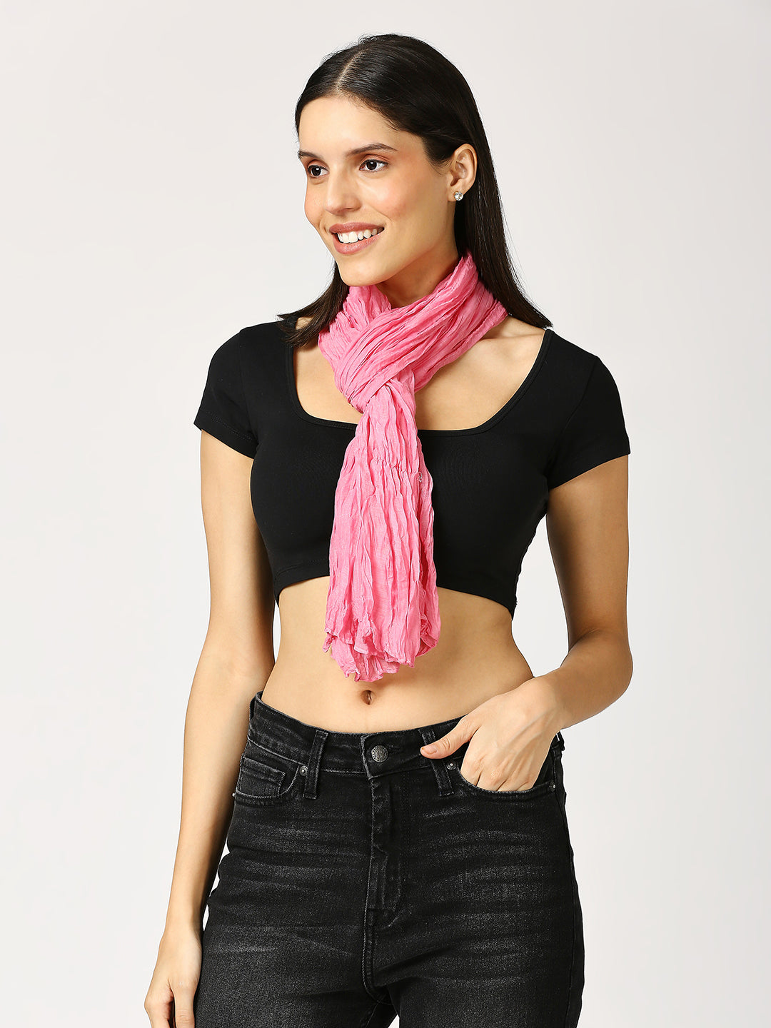 Rose Pink Solid Colored Crinkled Scarf