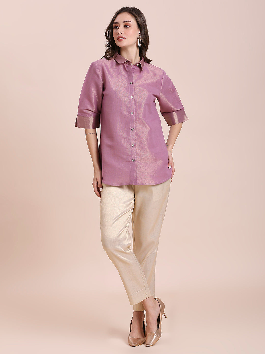 Mauve Solid Colored Metallic Shirt