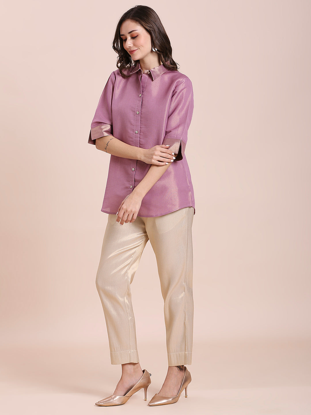 Mauve Solid Colored Metallic Shirt