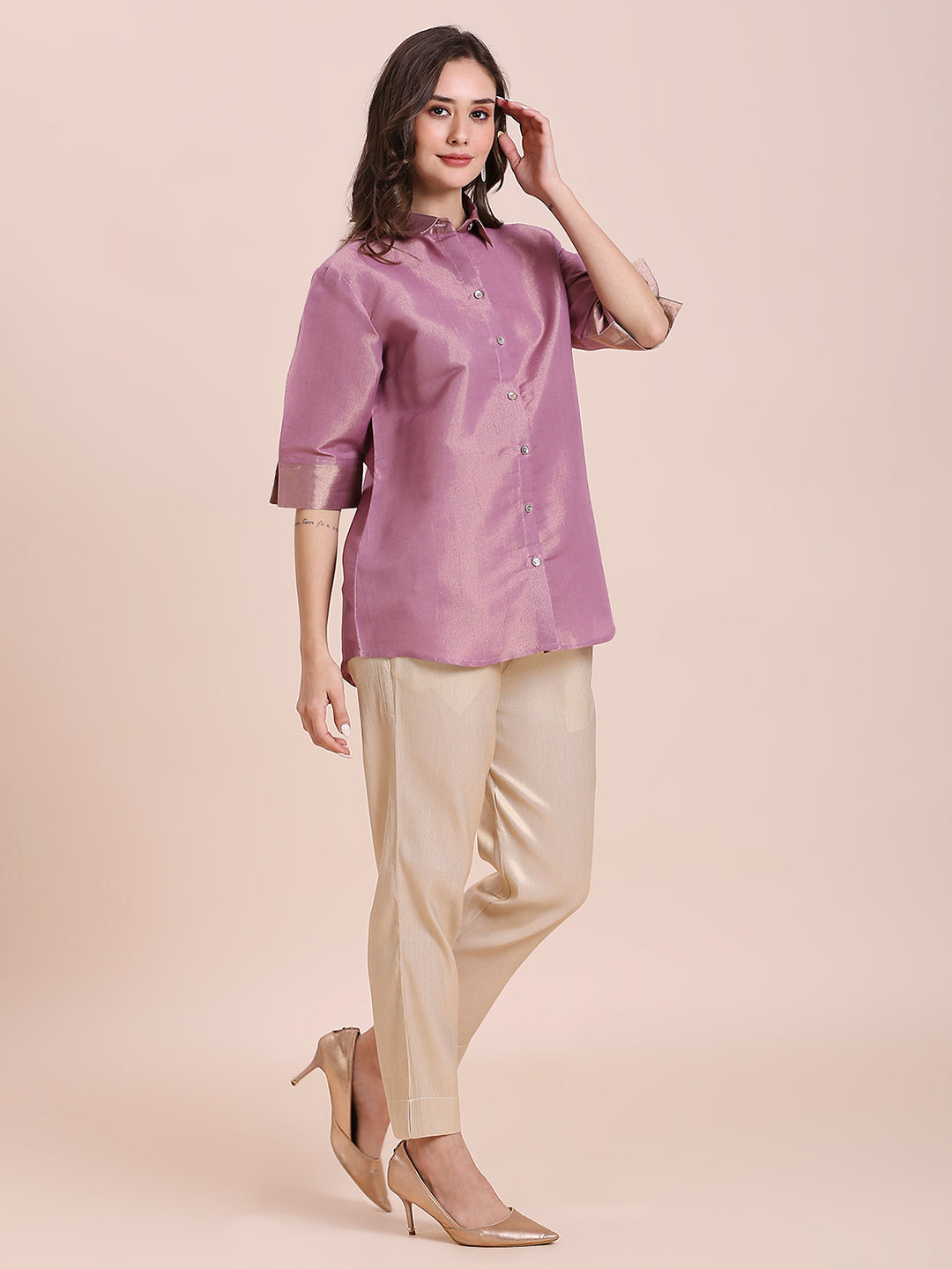 Mauve Solid Colored Metallic Shirt