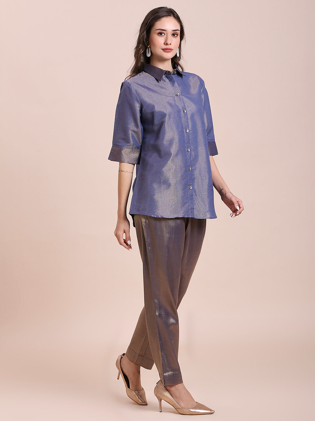 Navy Solid Colored Metallic Shirt