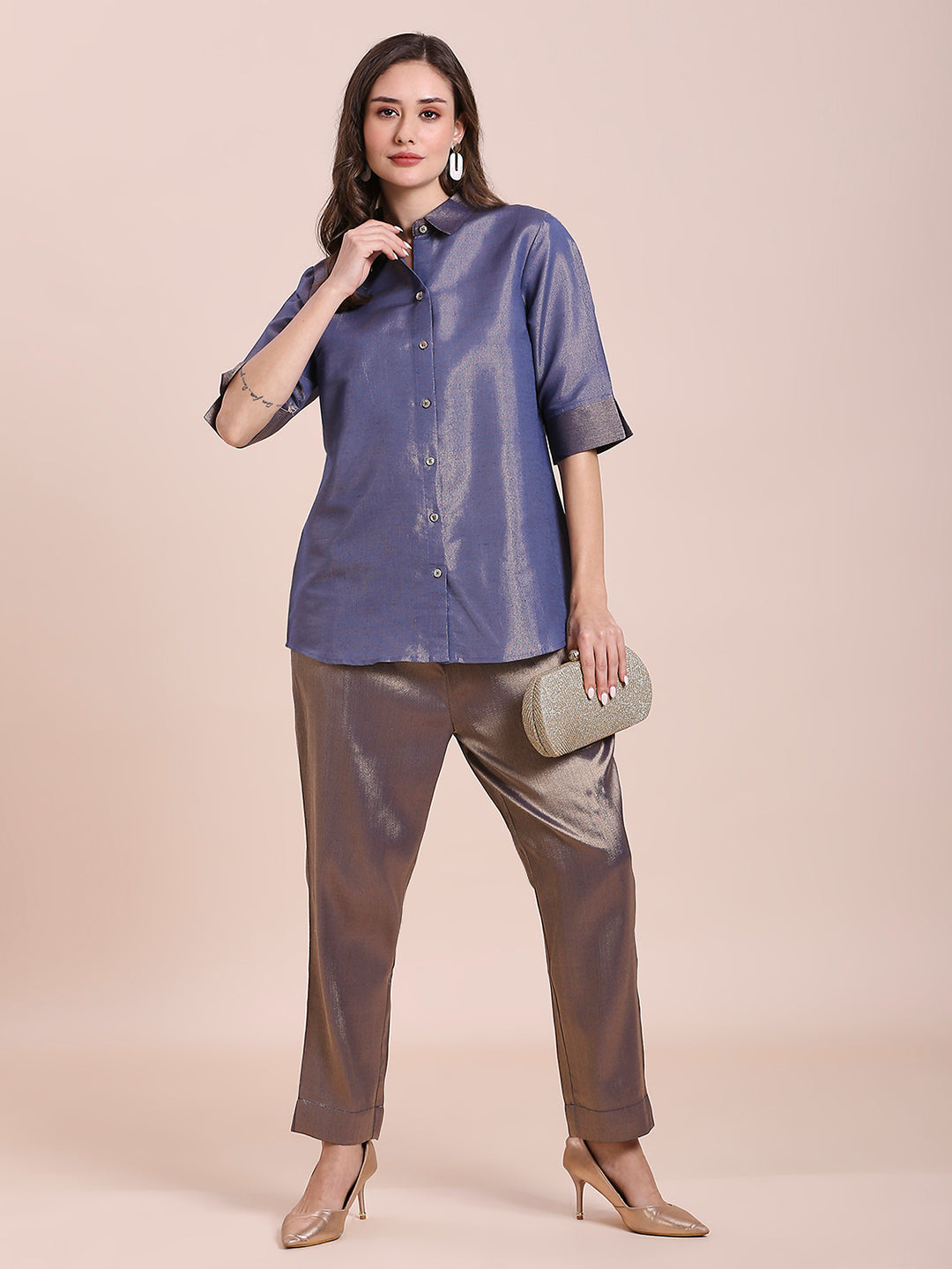 Navy Solid Colored Metallic Shirt