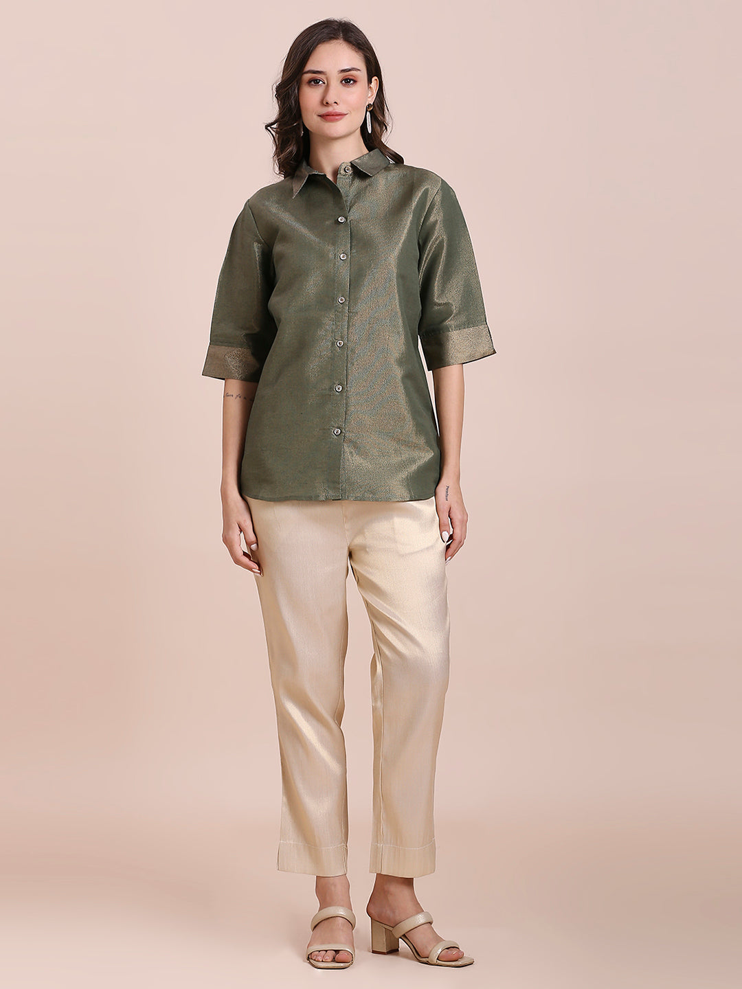 Olive Green Solid Colored Metallic Shirt