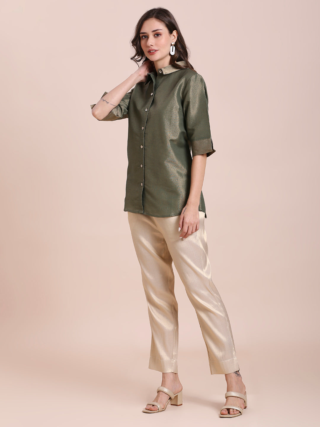 Olive Green Solid Colored Metallic Shirt