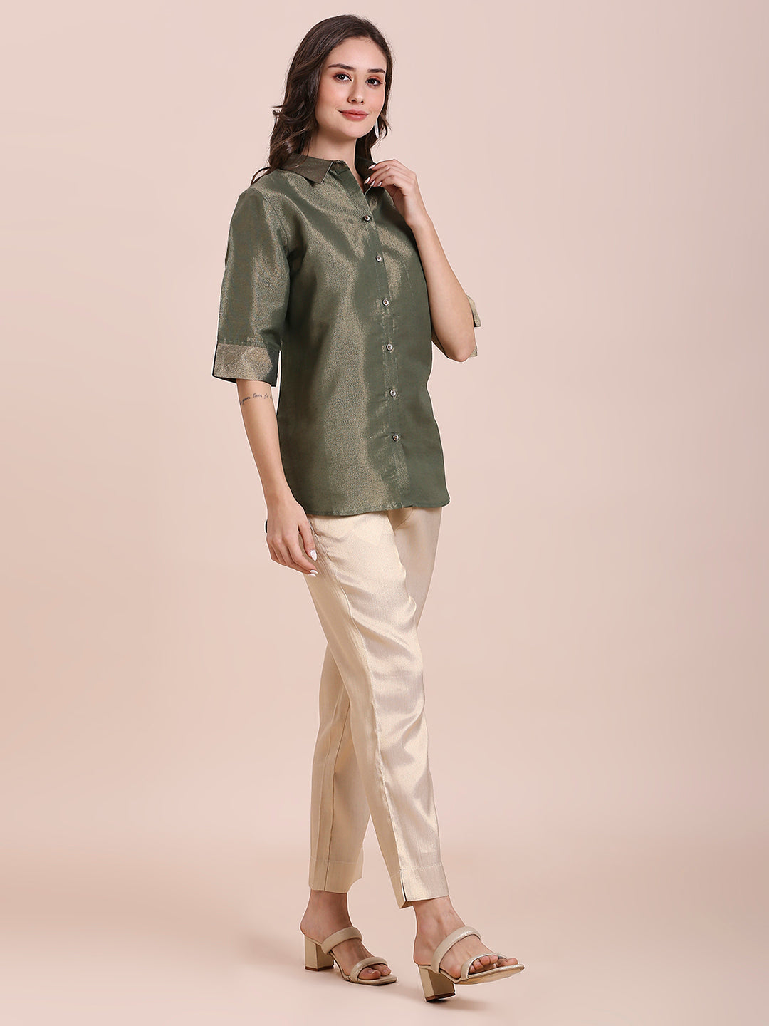 Olive Green Solid Colored Metallic Shirt