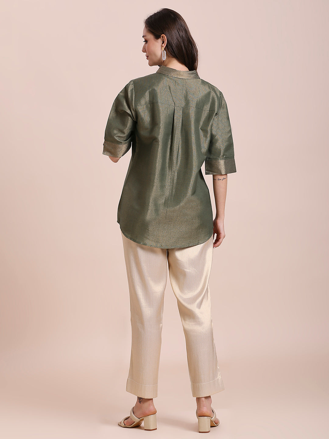 Olive Green Solid Colored Metallic Shirt