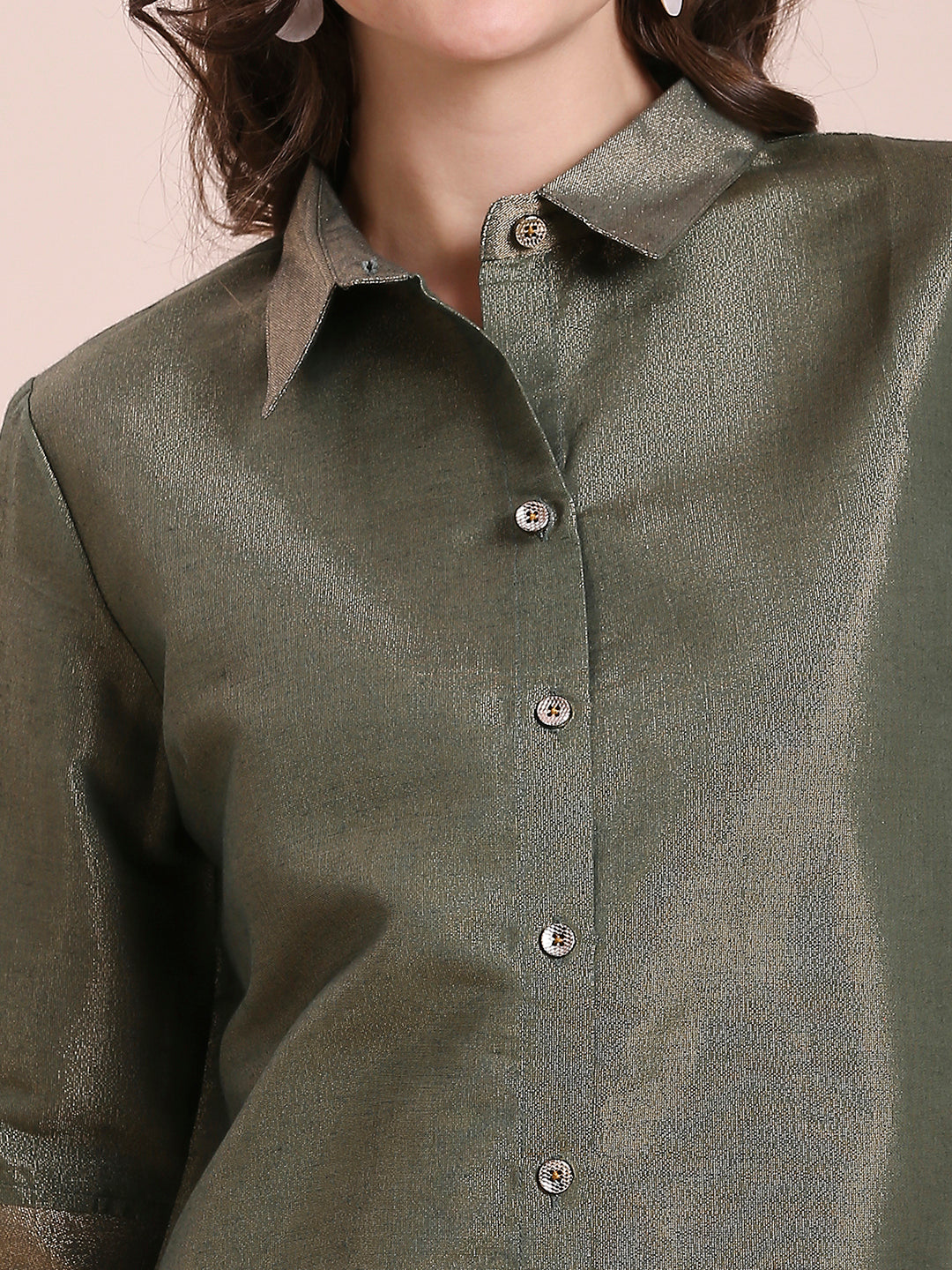 Olive Green Solid Colored Metallic Shirt