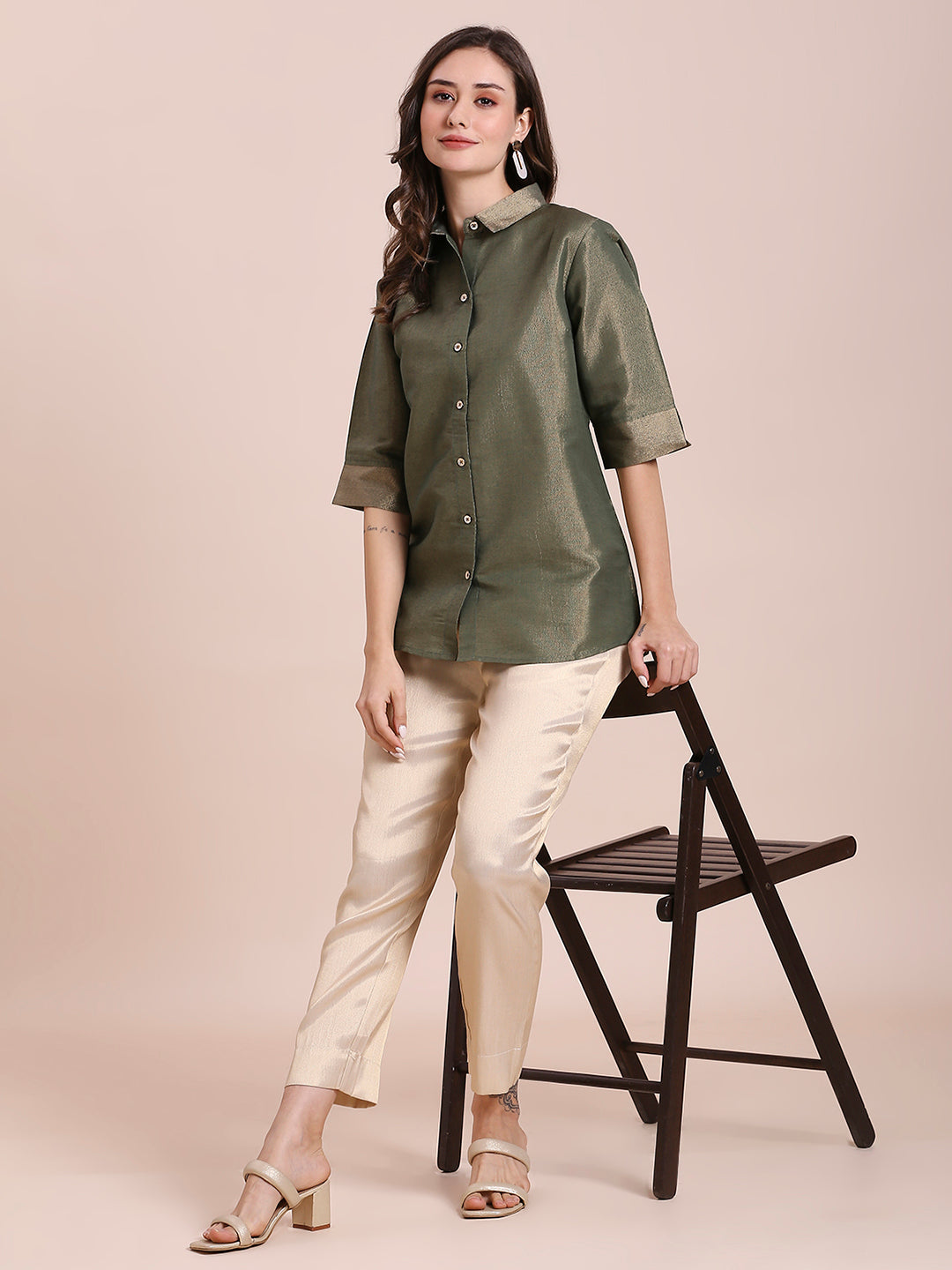 Solid Metallic Olive Green Shirt