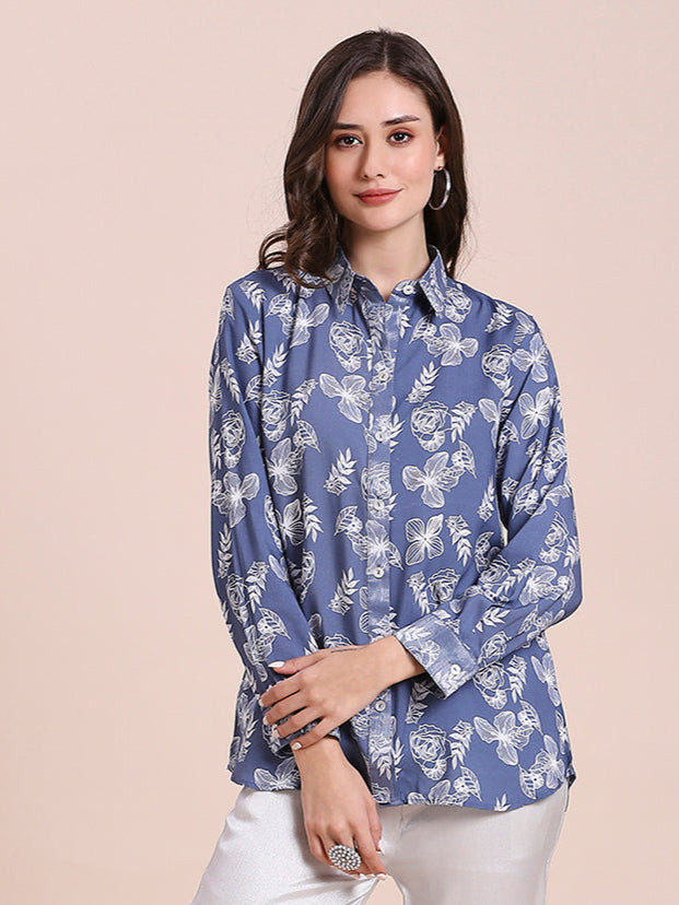 Viscose Floral Printed Blue Shirt
