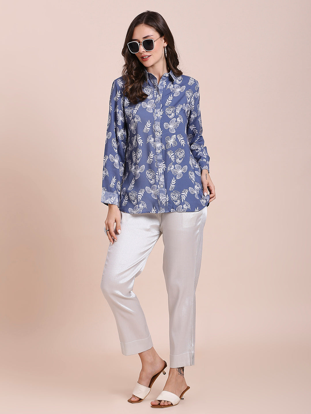 Viscose Floral Printed Blue Shirt