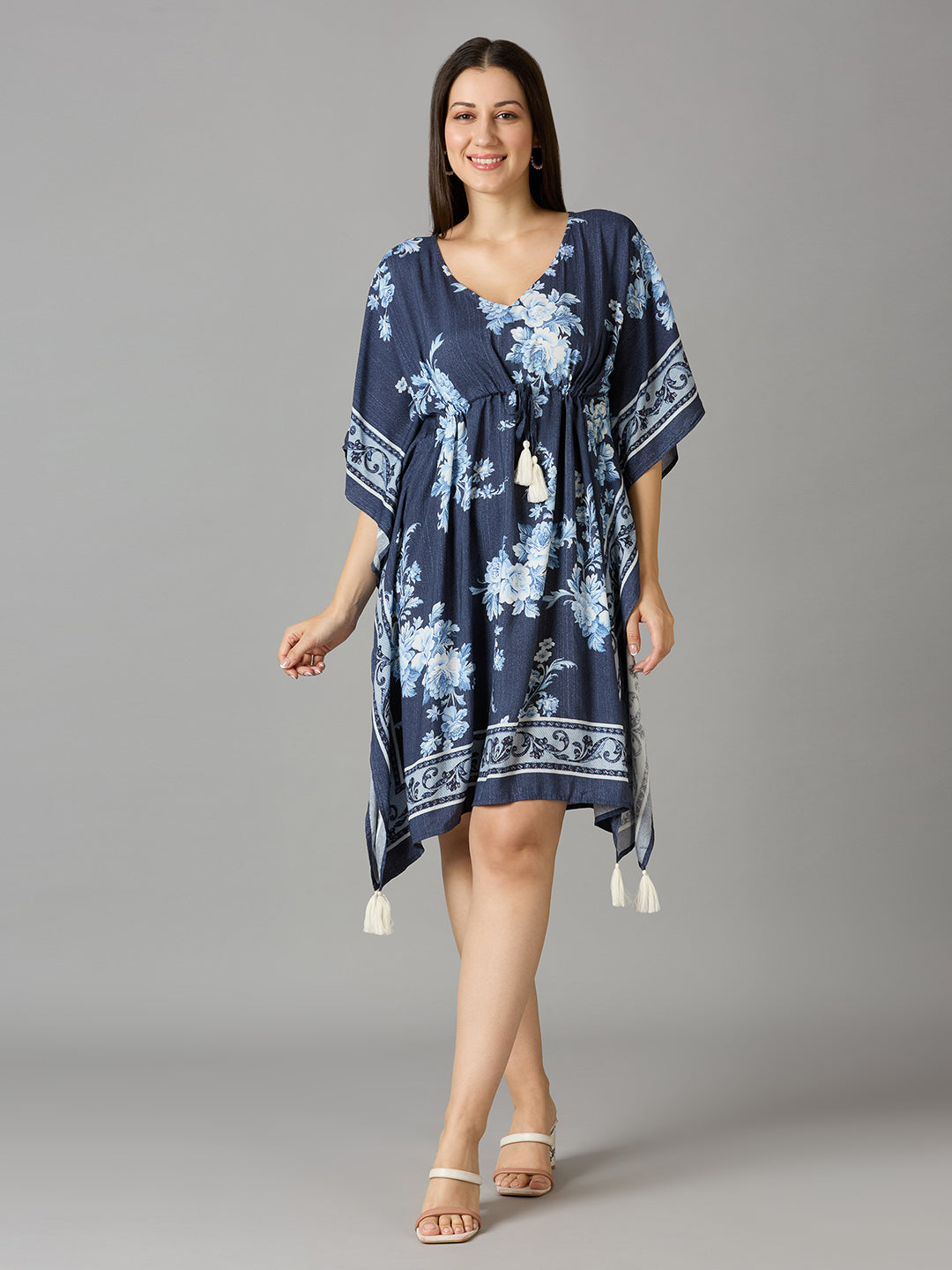 Denim Blue Floral Printed Kaftan Dress