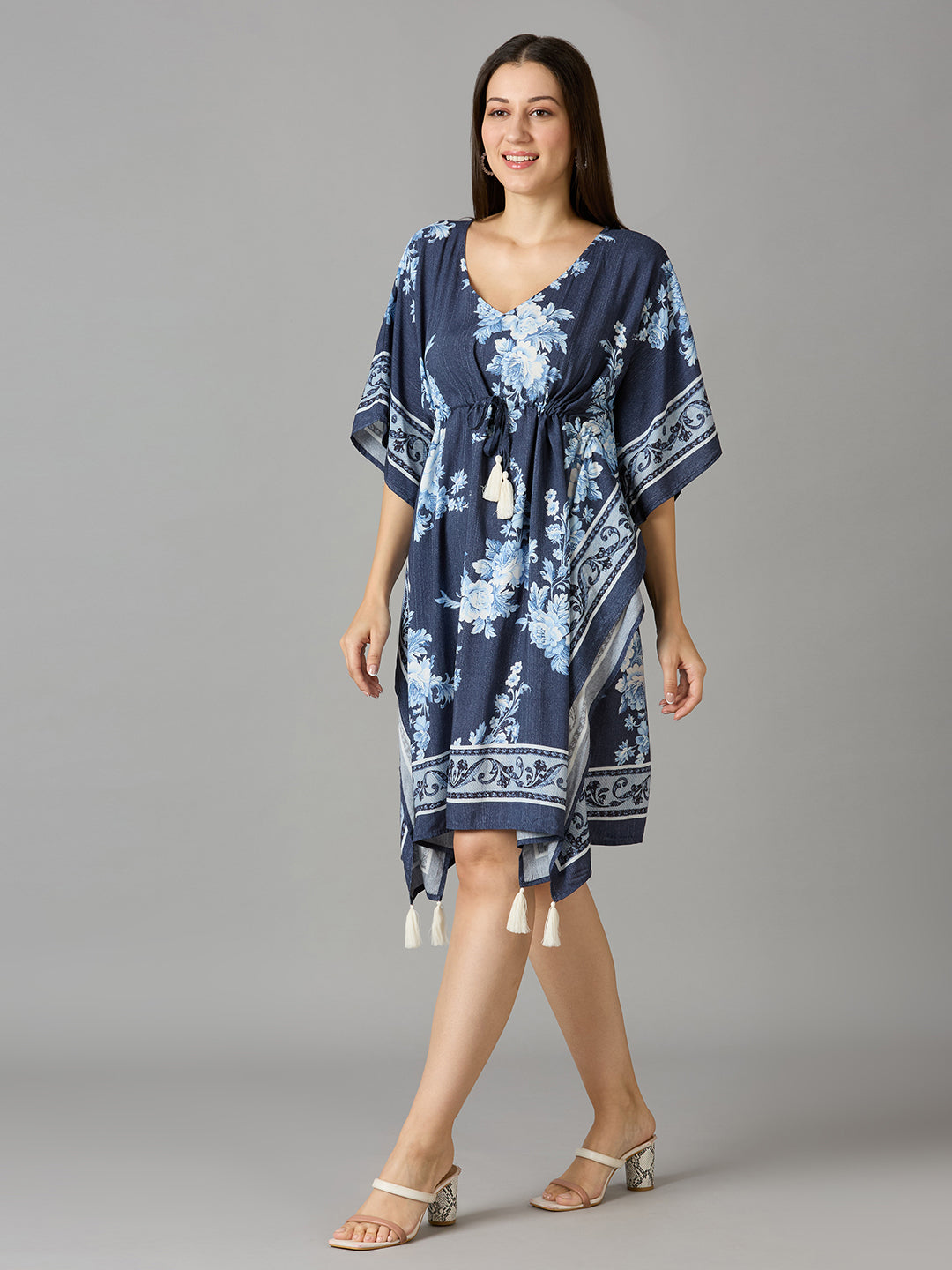 Denim Blue Floral Printed Kaftan Dress