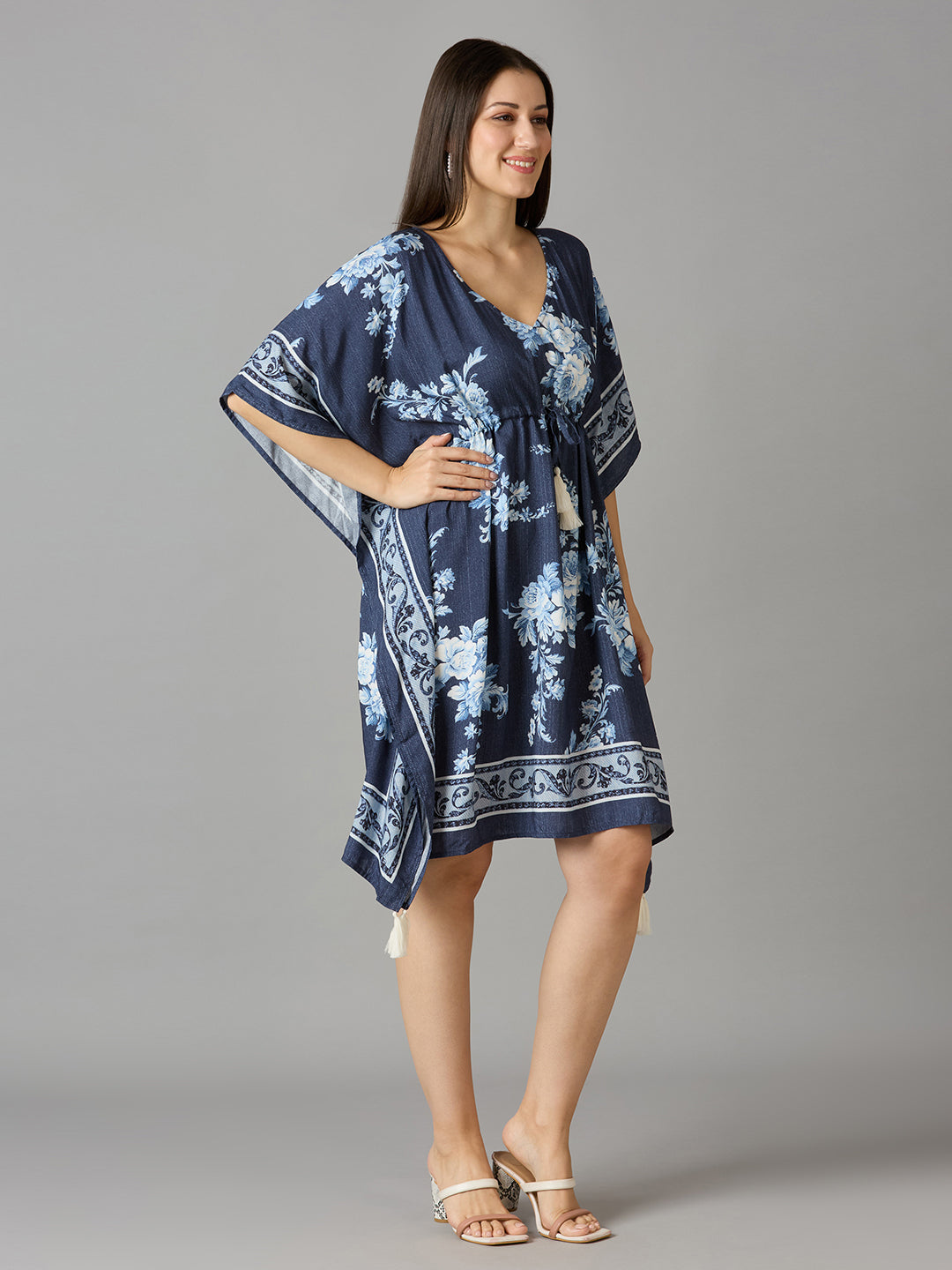 Denim Blue Floral Printed Kaftan Dress