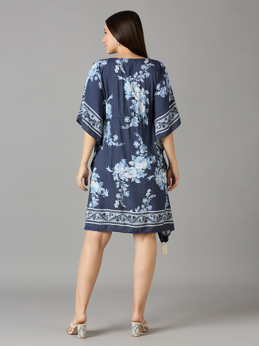 Denim Blue Floral Printed Kaftan Dress