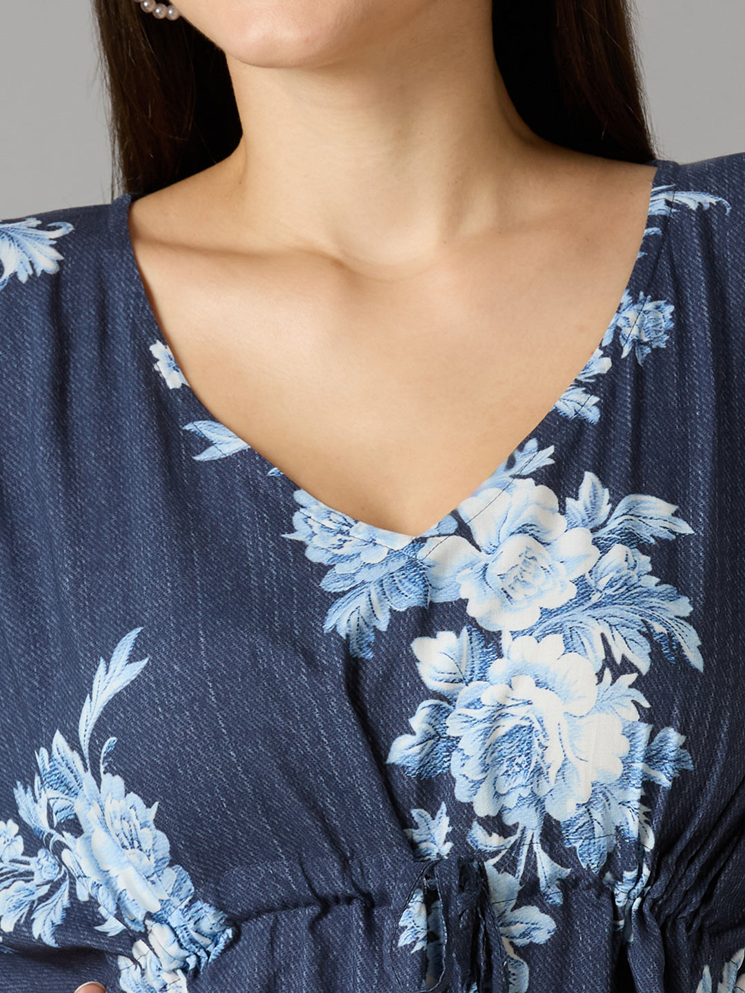 Denim Blue Floral Printed Kaftan Dress