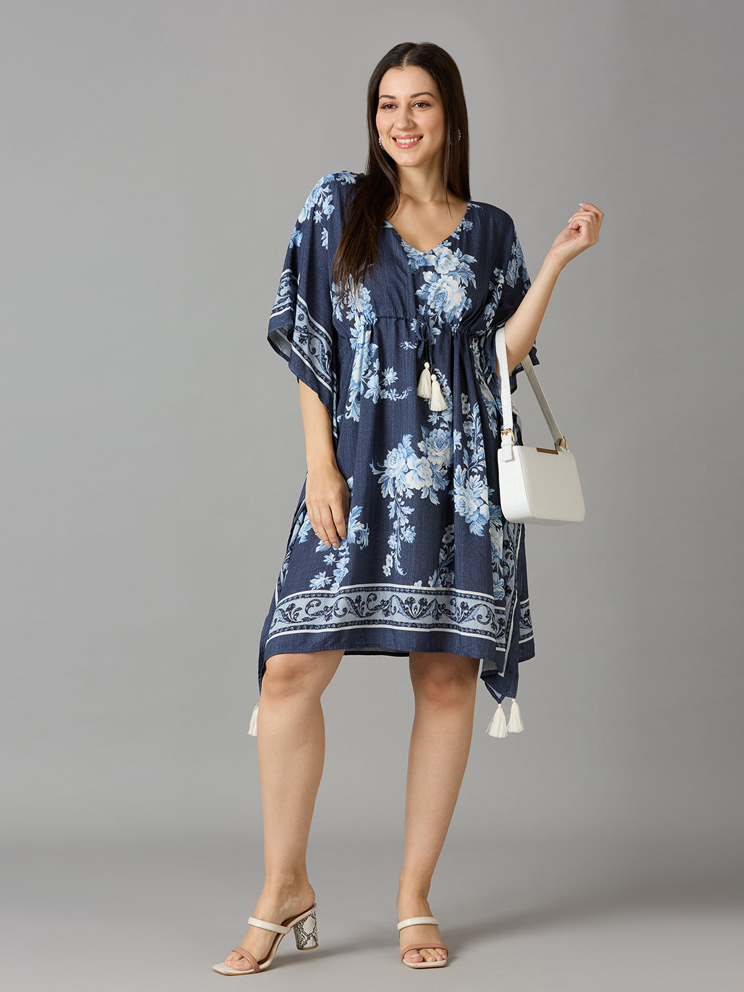 Denim Blue Floral Printed Kaftan Dress