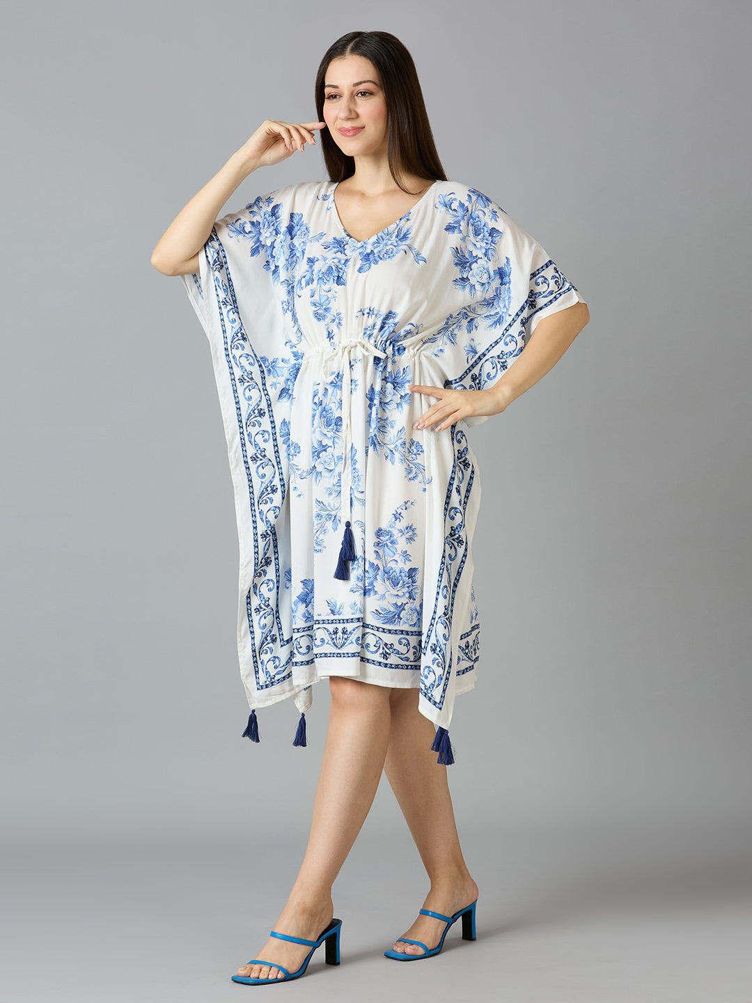 White Blue Floral Printed Kaftan Dress