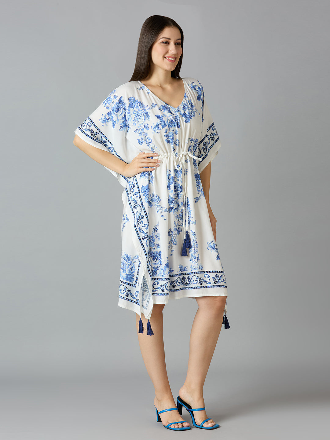 White Blue Floral Printed Kaftan Dress