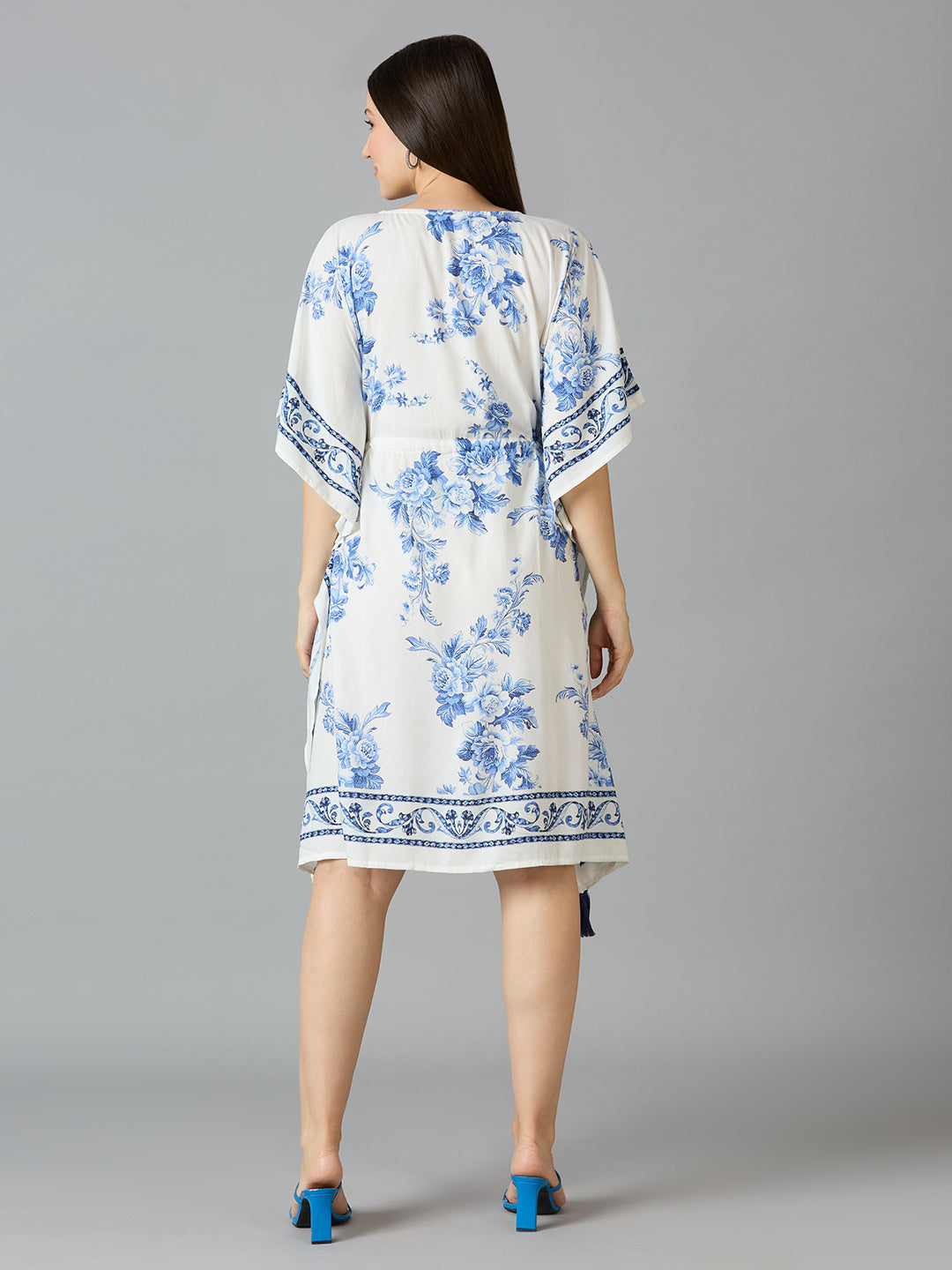 White Blue Floral Printed Kaftan Dress