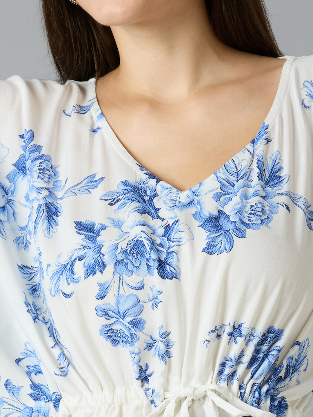 White Blue Floral Printed Kaftan Dress