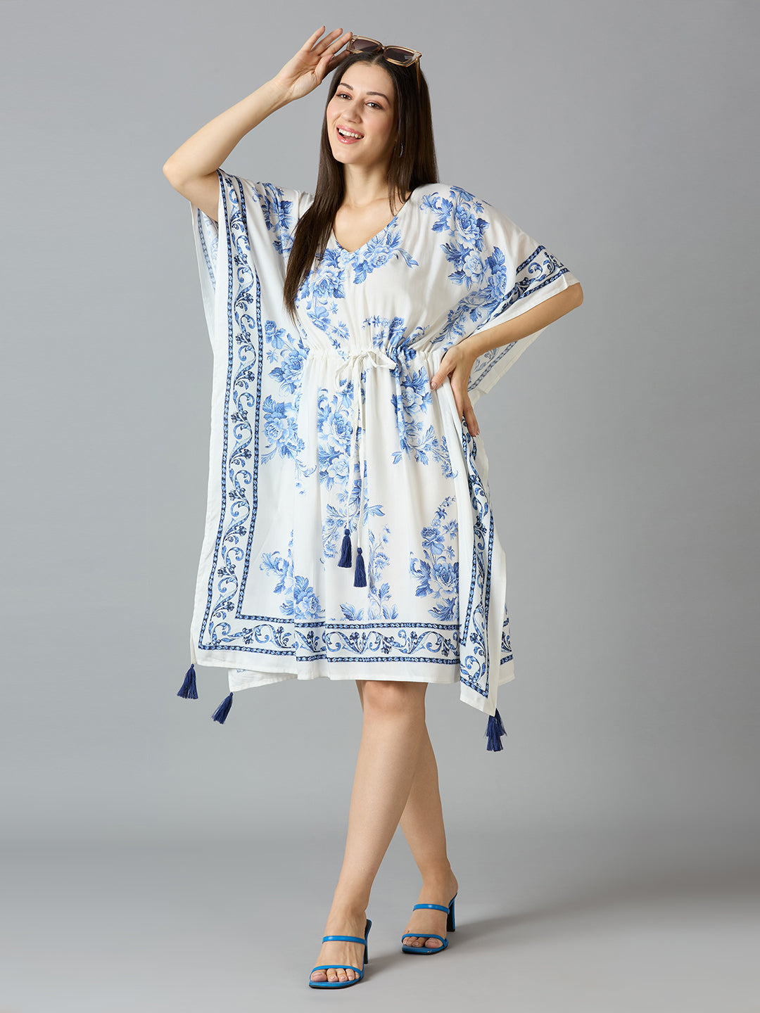 White Blue Floral Printed Kaftan Dress