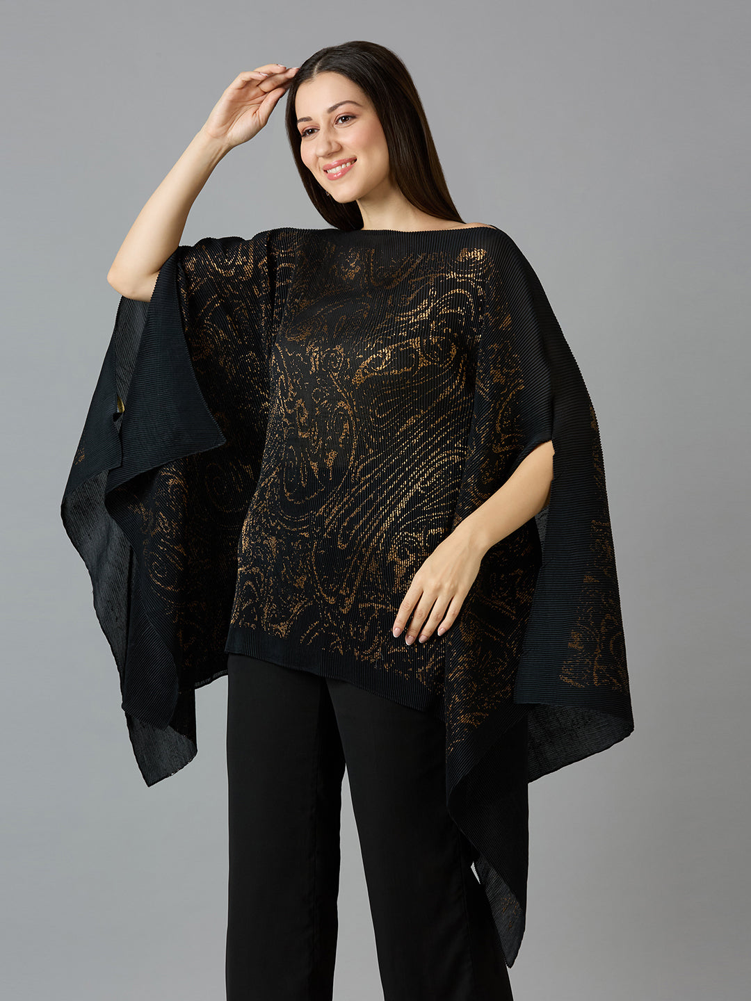 Black Paisley Designed Off Shoulder Brocade Pleated Poncho