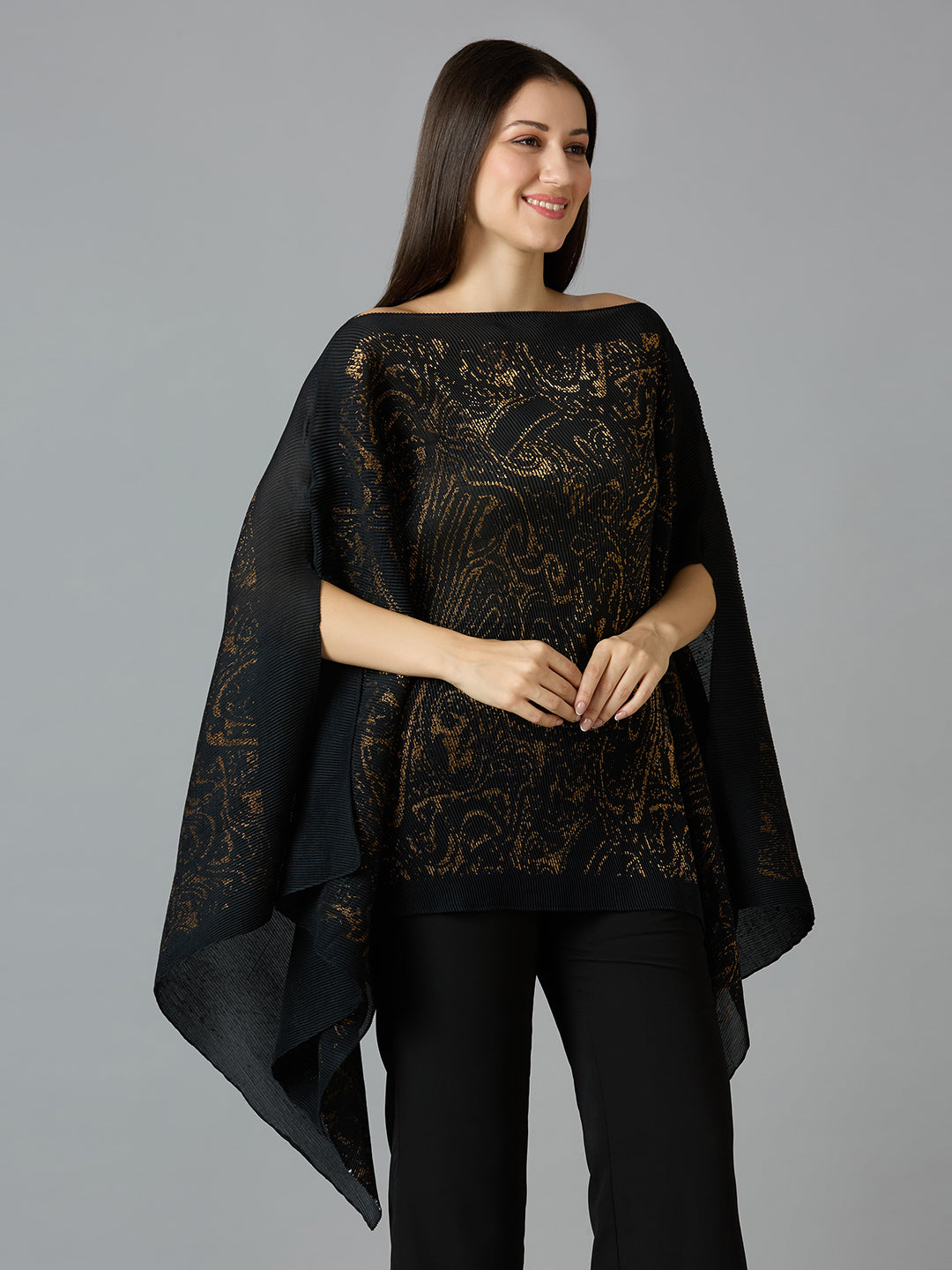 Black Paisley Designed Off Shoulder Brocade Pleated Poncho