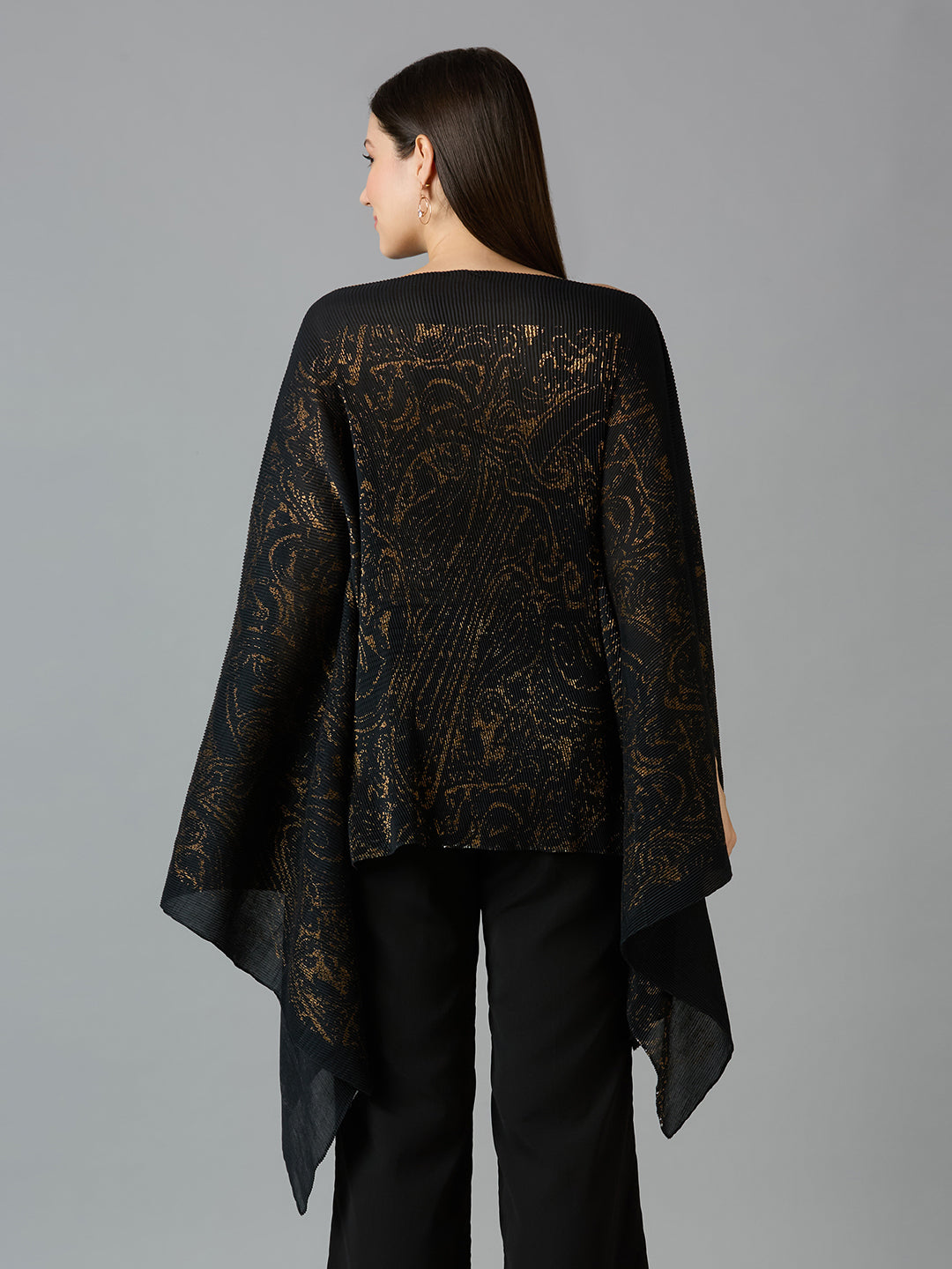 Black Paisley Designed Off Shoulder Brocade Pleated Poncho
