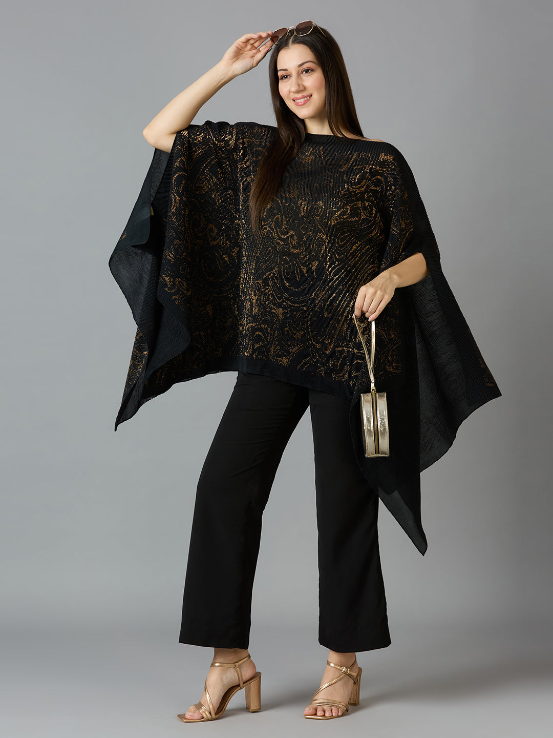 Black Paisley Designed Off Shoulder Brocade Pleated Poncho