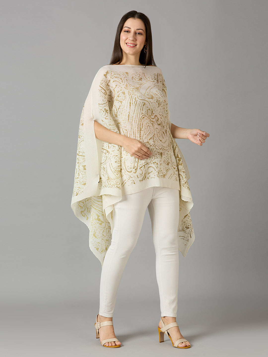 White Paisley Designed Off Shoulder Brocade Pleated Poncho