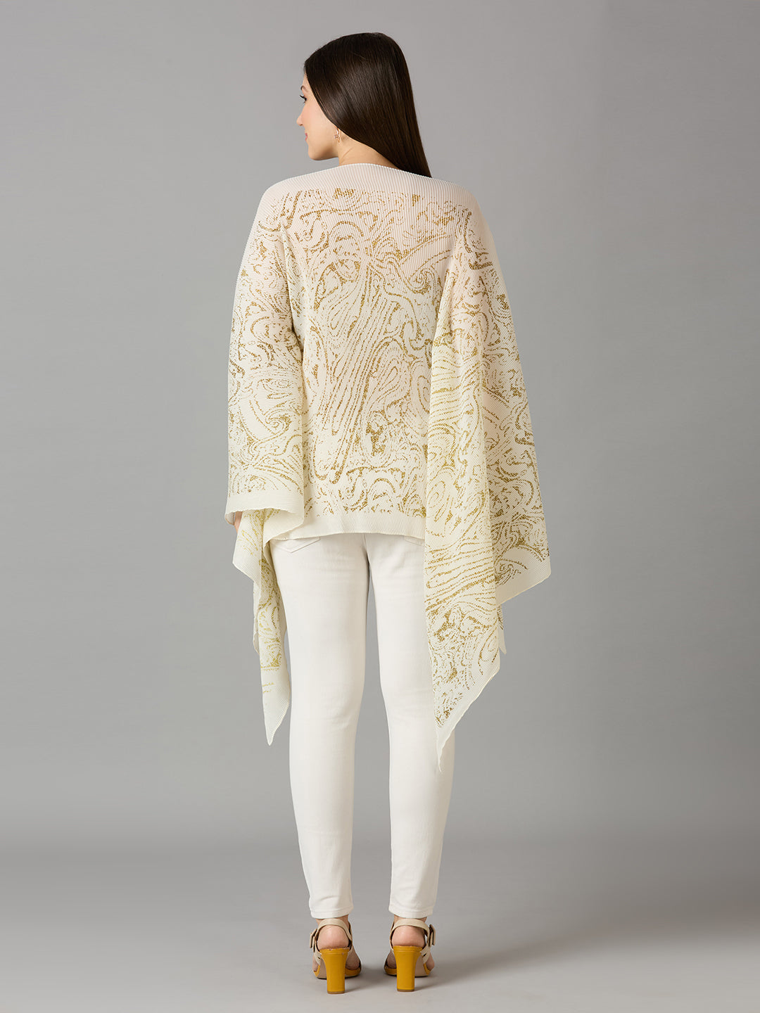 White Paisley Designed Off Shoulder Brocade Pleated Poncho