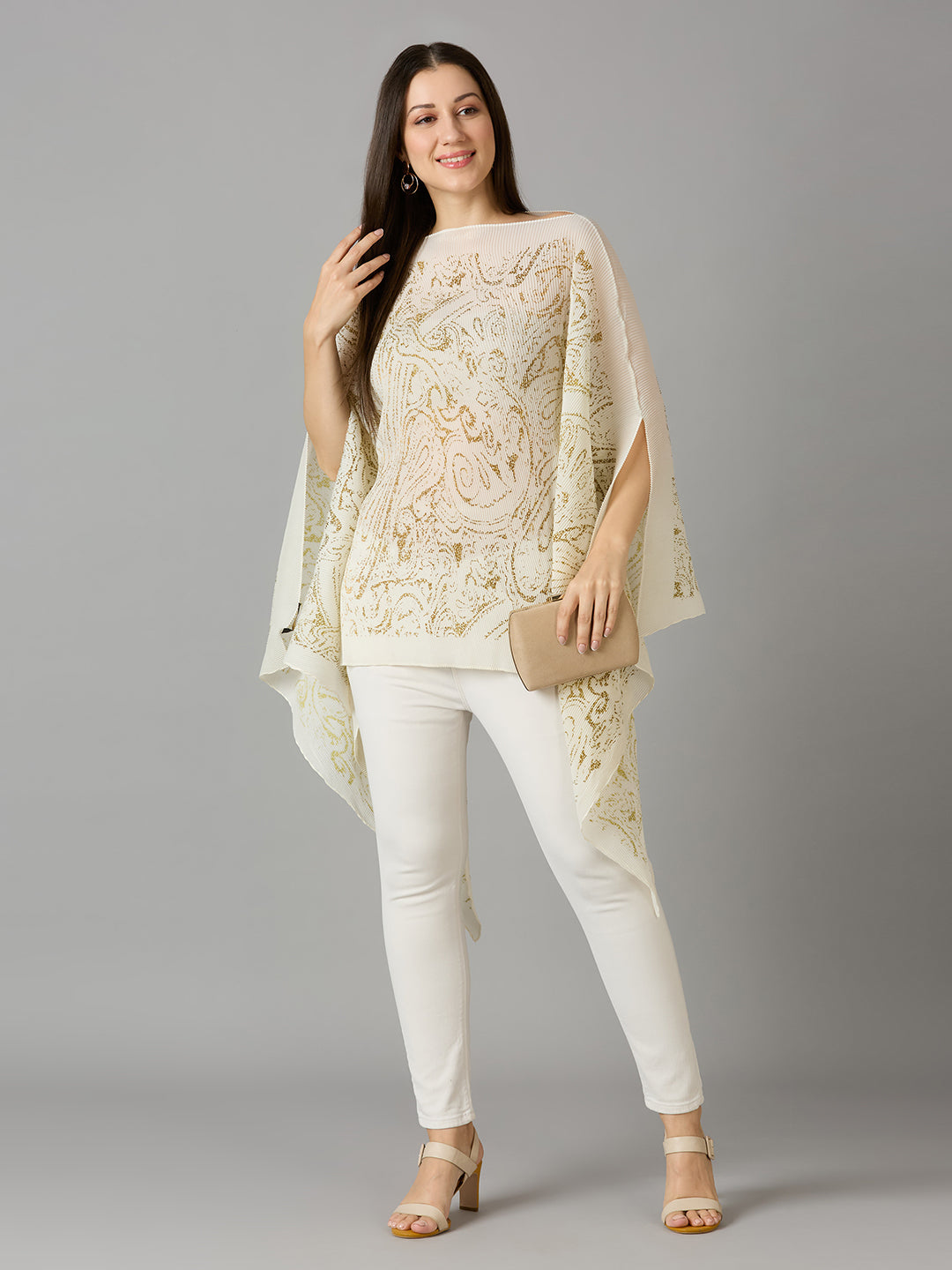 White Paisley Designed Off Shoulder Brocade Pleated Poncho