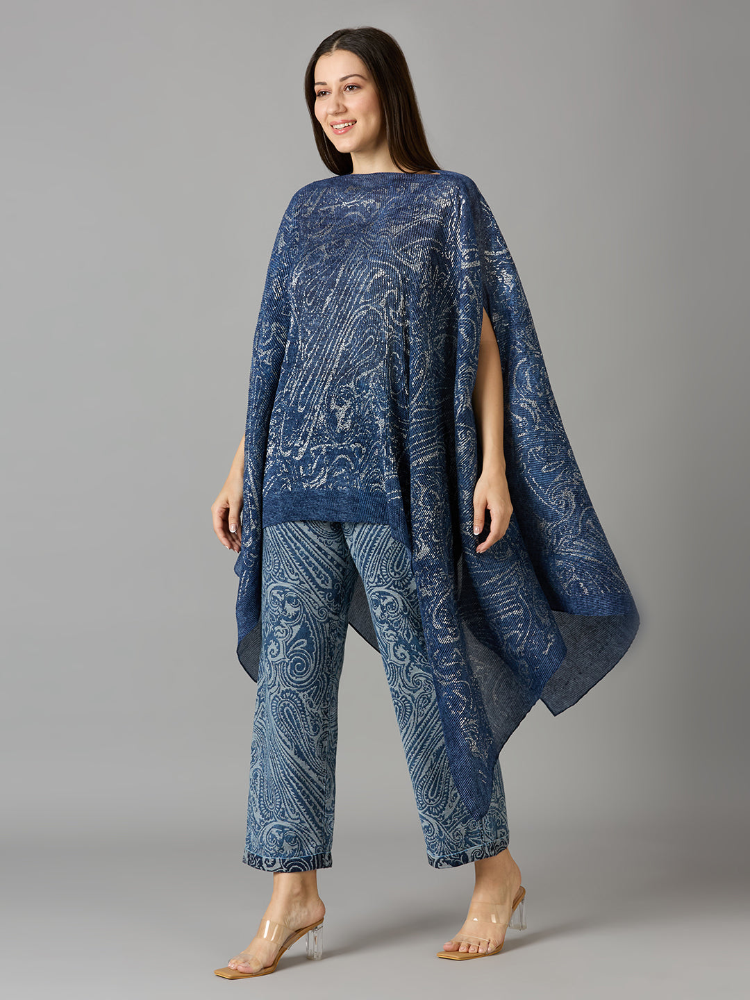Denim Paisley Printed Off Shoulder Brocade Pleated Poncho