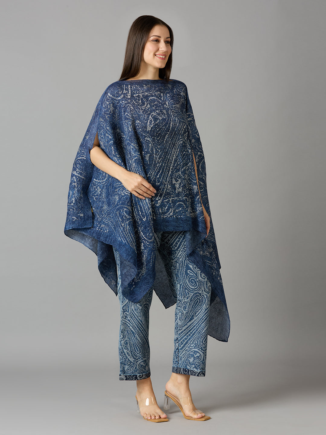 Denim Paisley Printed Off Shoulder Brocade Pleated Poncho